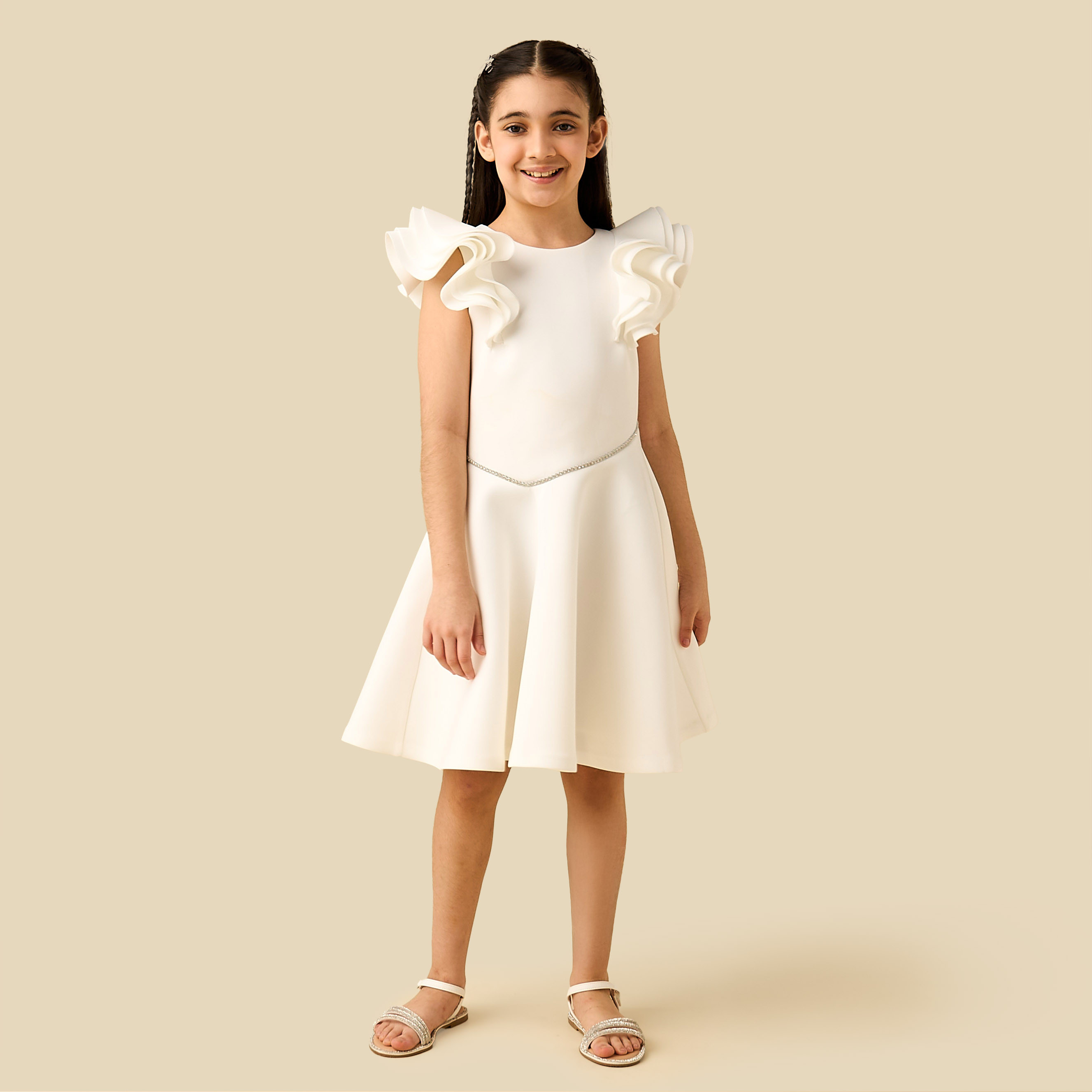 Juniors Round Neck Ruffle Sleeves Dress with Embellished Detail-girls-clothing-dressesandjumpsuits-image-2