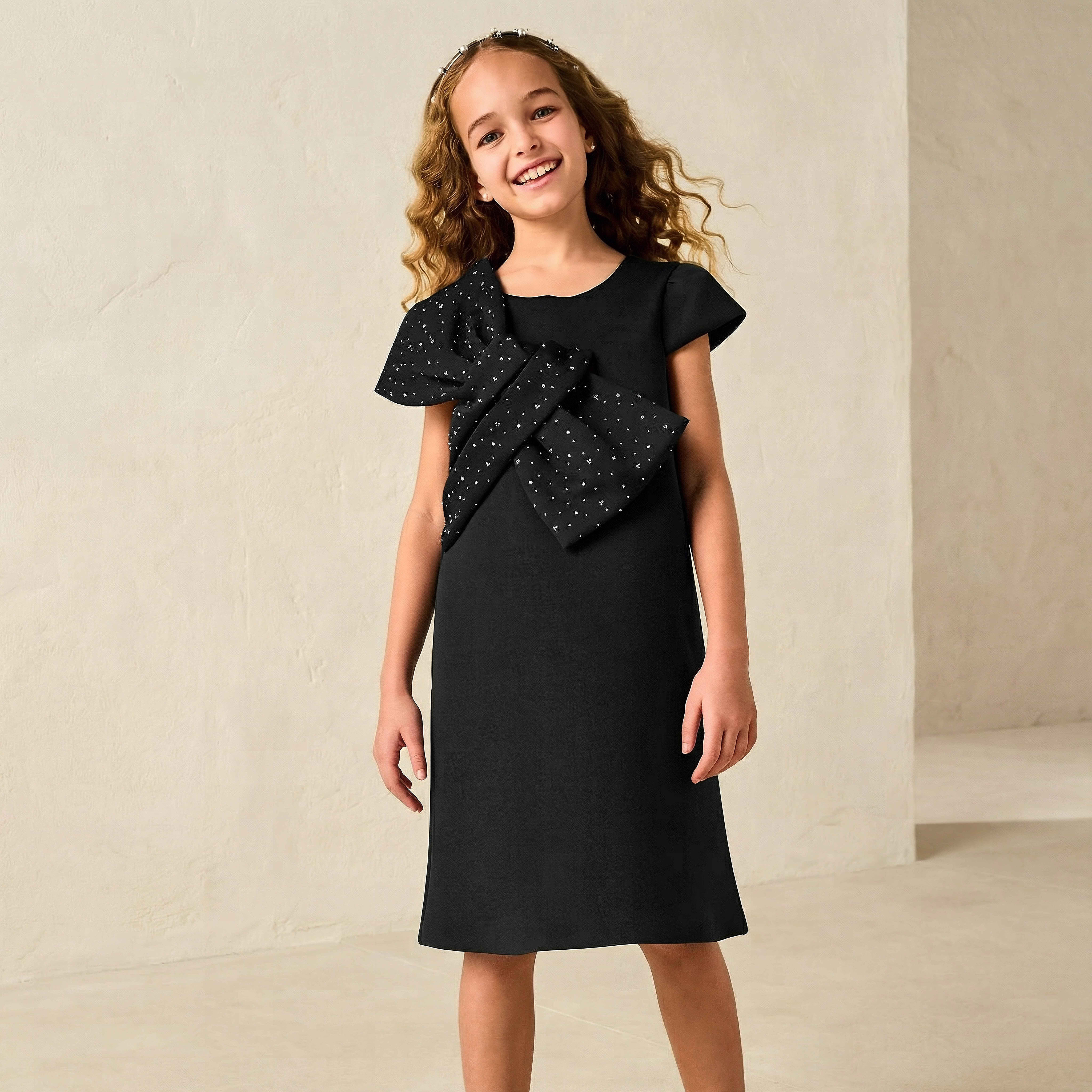 Juniors Round Neck Cap Sleeves Dress with Bow Accent-girls-clothing-dressesandjumpsuits-image-2
