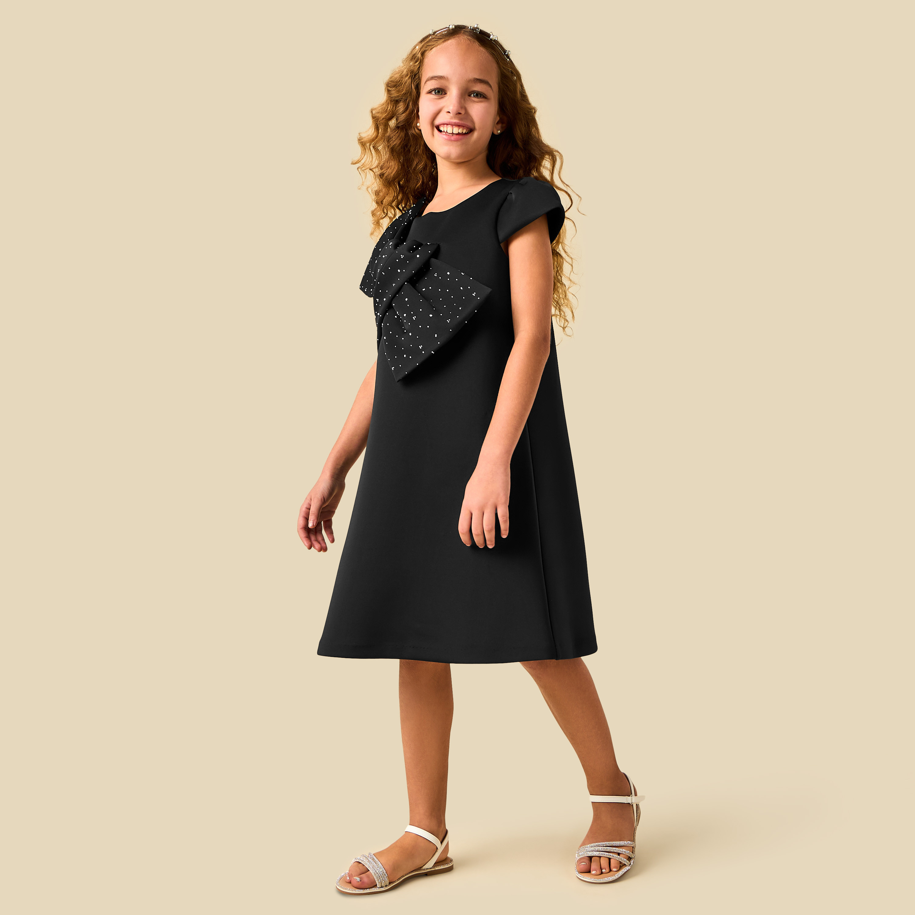 Juniors Round Neck Cap Sleeves Dress with Bow Accent-girls-clothing-dressesandjumpsuits-image-3