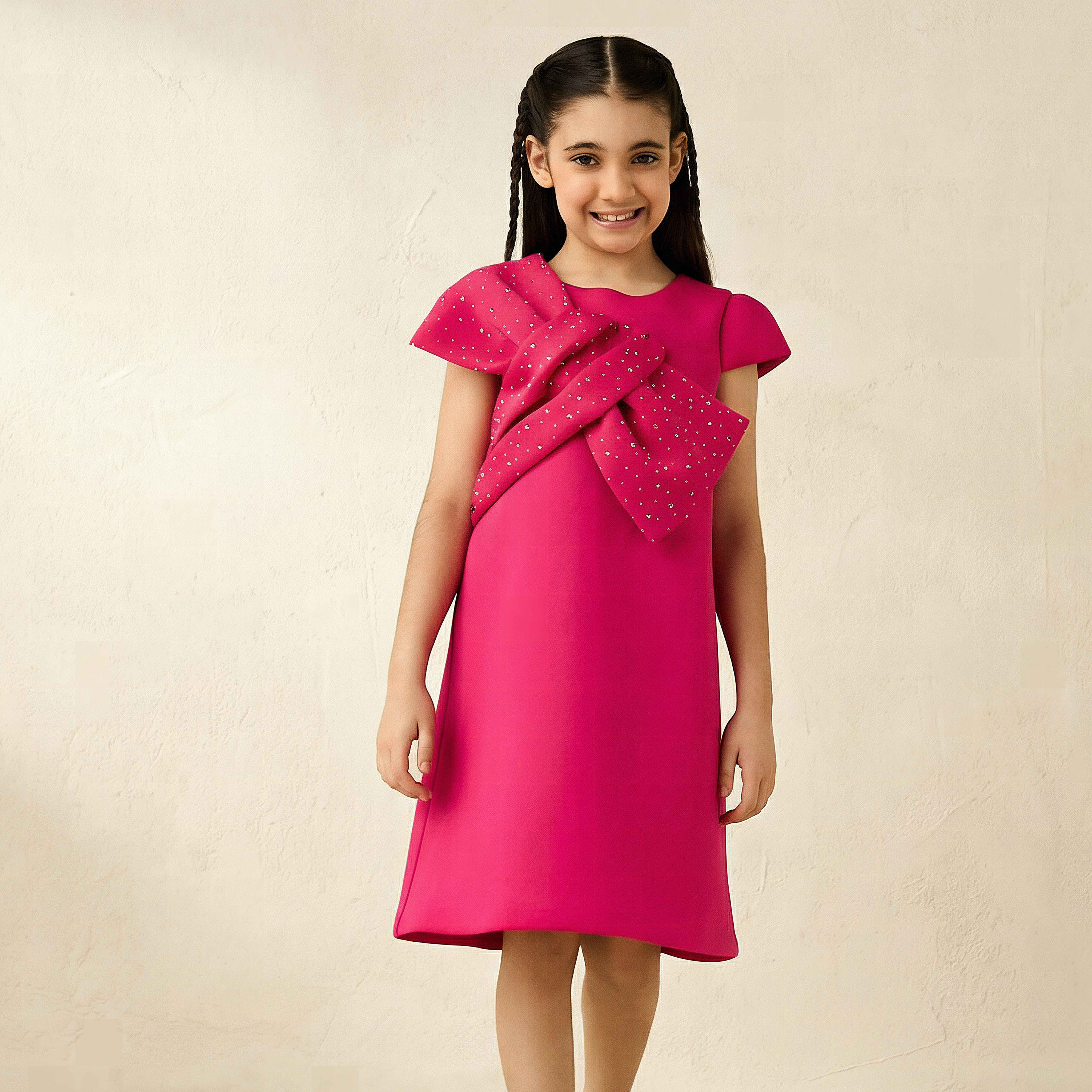 Juniors Round Neck Cap Sleeves Dress with Bow Accent-girls-clothing-dressesandjumpsuits-image-1