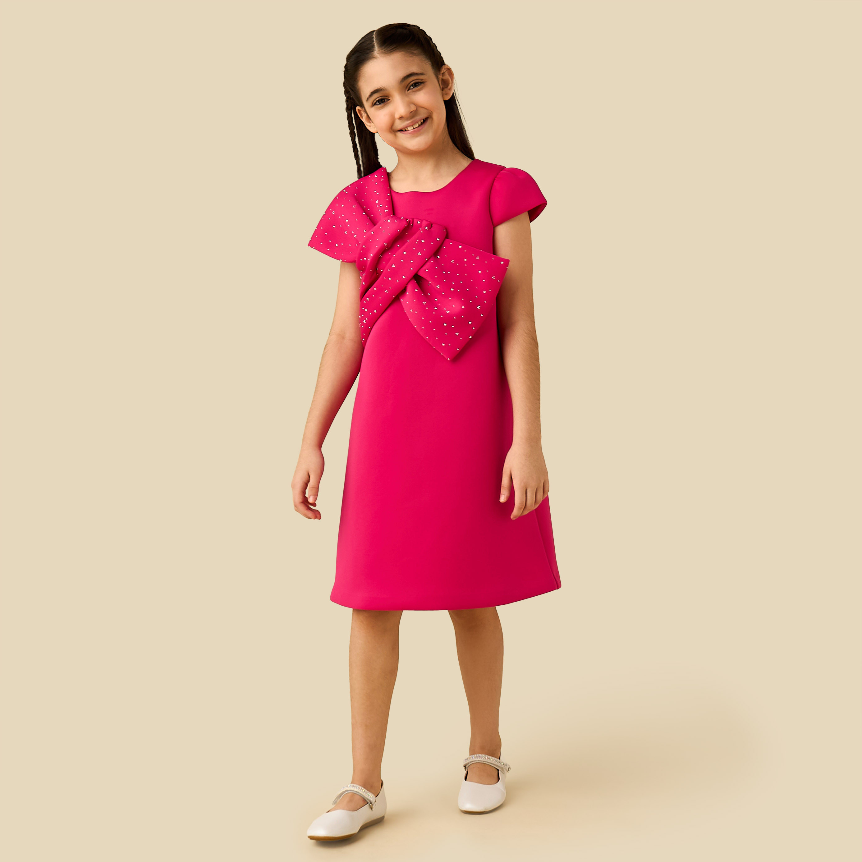 Juniors Round Neck Cap Sleeves Dress with Bow Accent-girls-clothing-dressesandjumpsuits-image-2