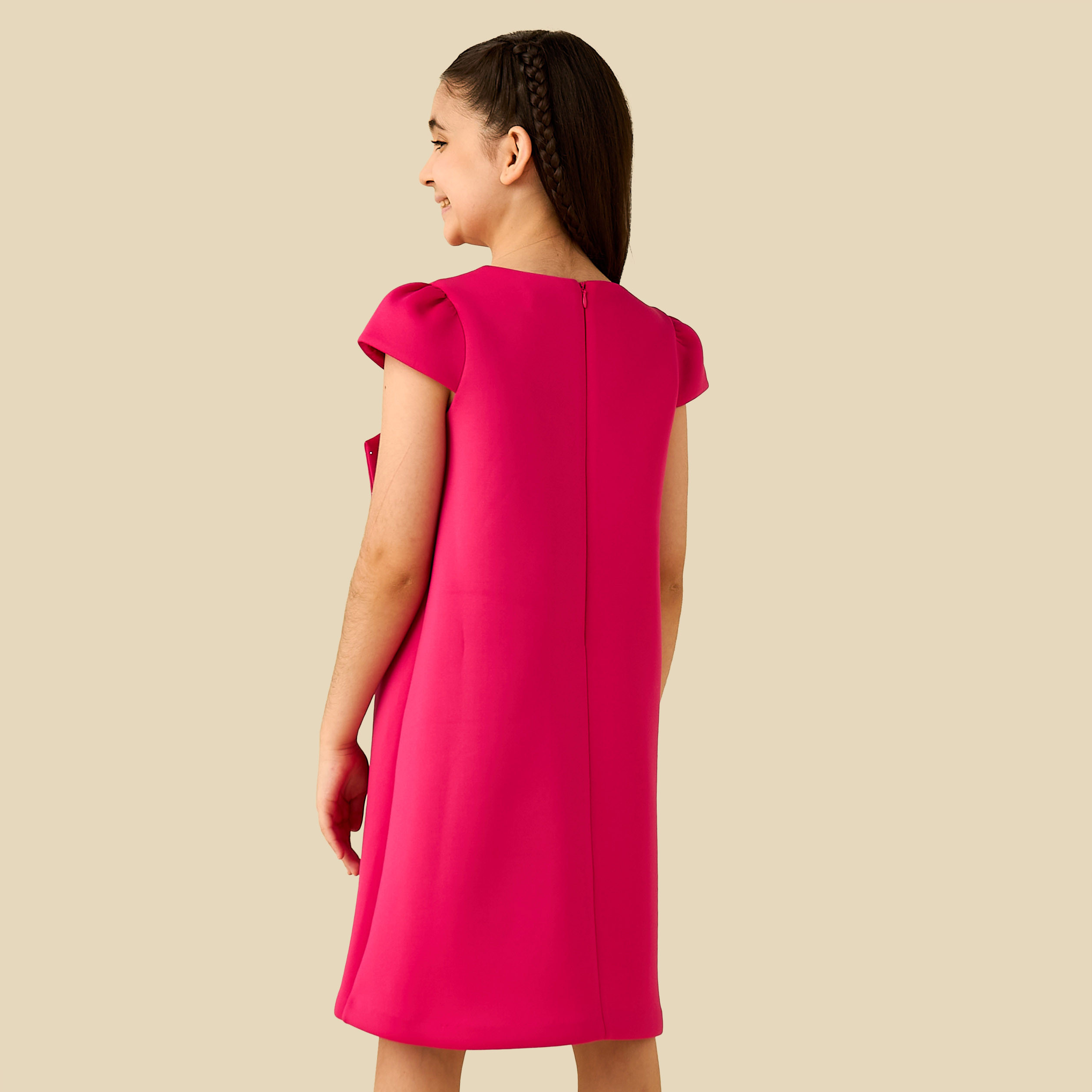 Juniors Round Neck Cap Sleeves Dress with Bow Accent-girls-clothing-dressesandjumpsuits-image-3
