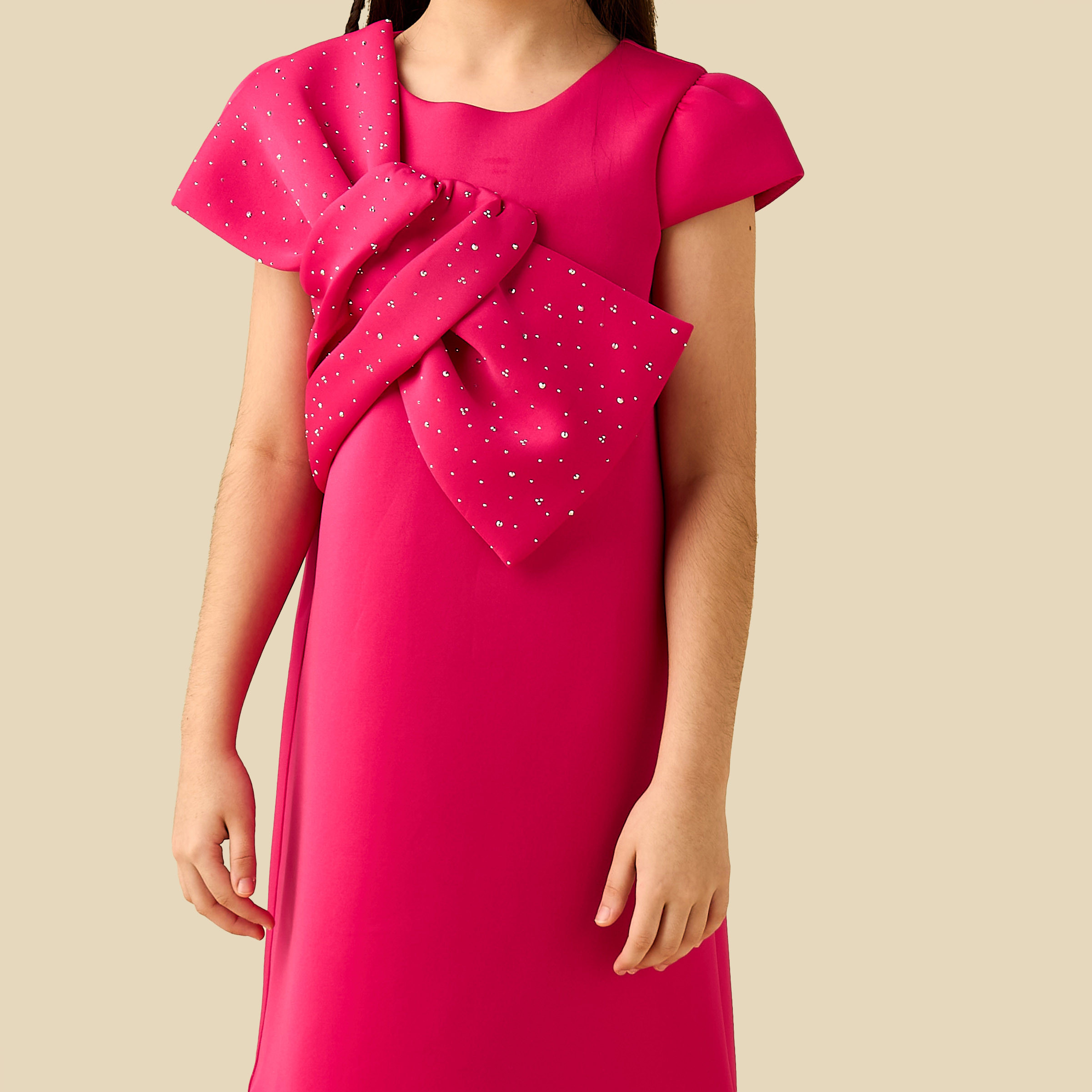 Juniors Round Neck Cap Sleeves Dress with Bow Accent-girls-clothing-dressesandjumpsuits-image-4