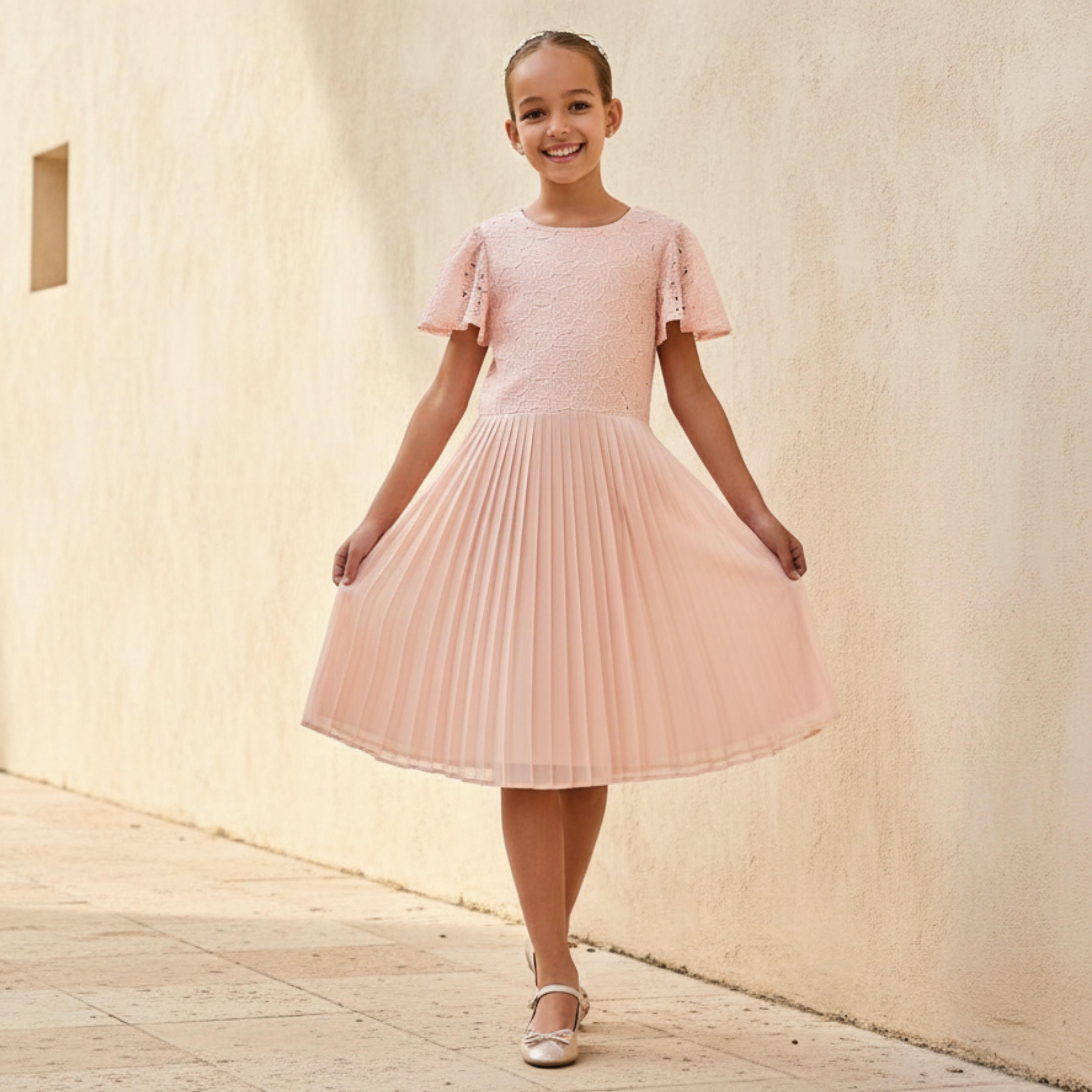 Juniors Round Neck Short Sleeves A-Line Dress with Pleated and Lace Design-girls-clothing-dressesandjumpsuits-image-2