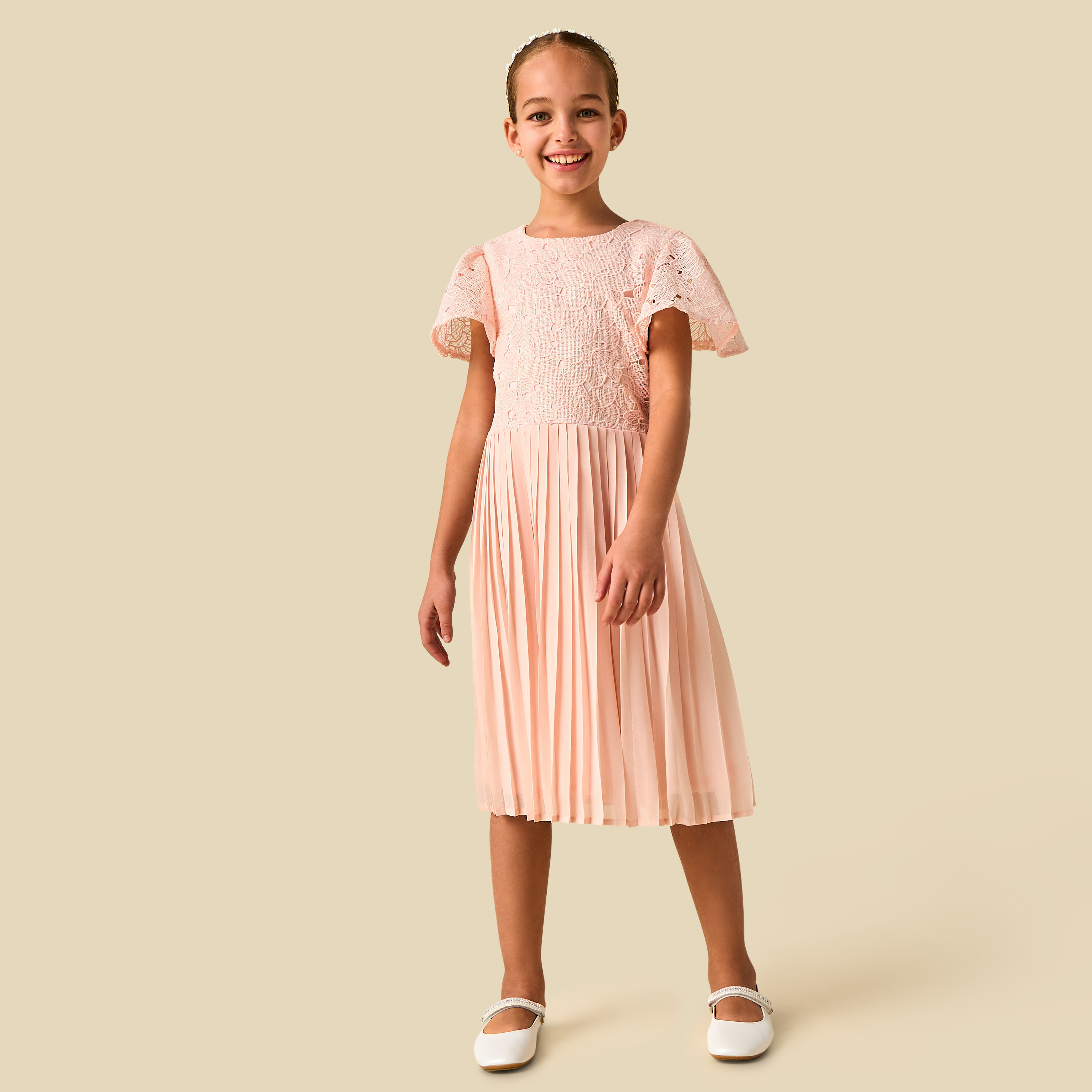 Juniors Round Neck Short Sleeves A-Line Dress with Pleated and Lace Design-girls-clothing-dressesandjumpsuits-image-3