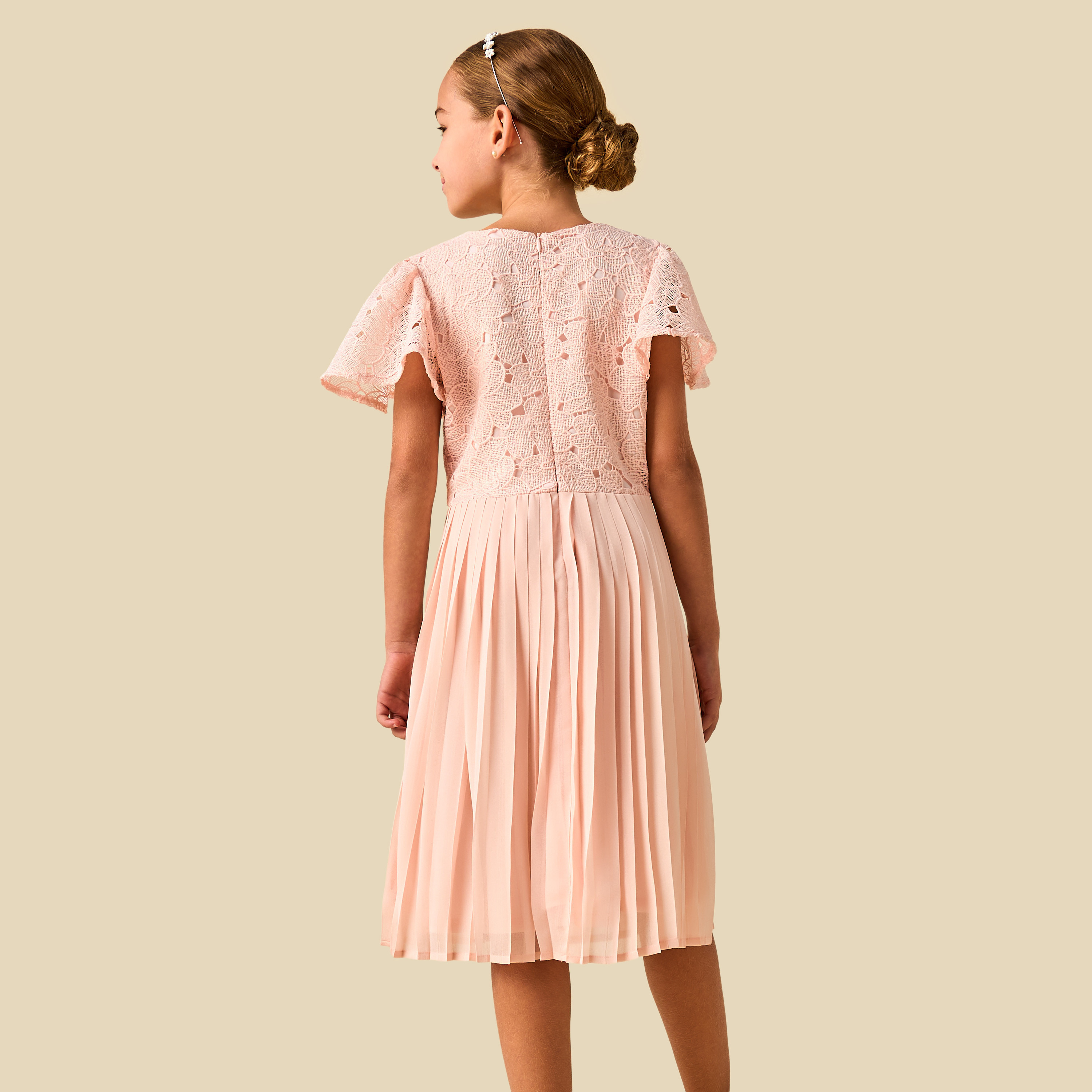 Juniors Round Neck Short Sleeves A-Line Dress with Pleated and Lace Design-girls-clothing-dressesandjumpsuits-image-4