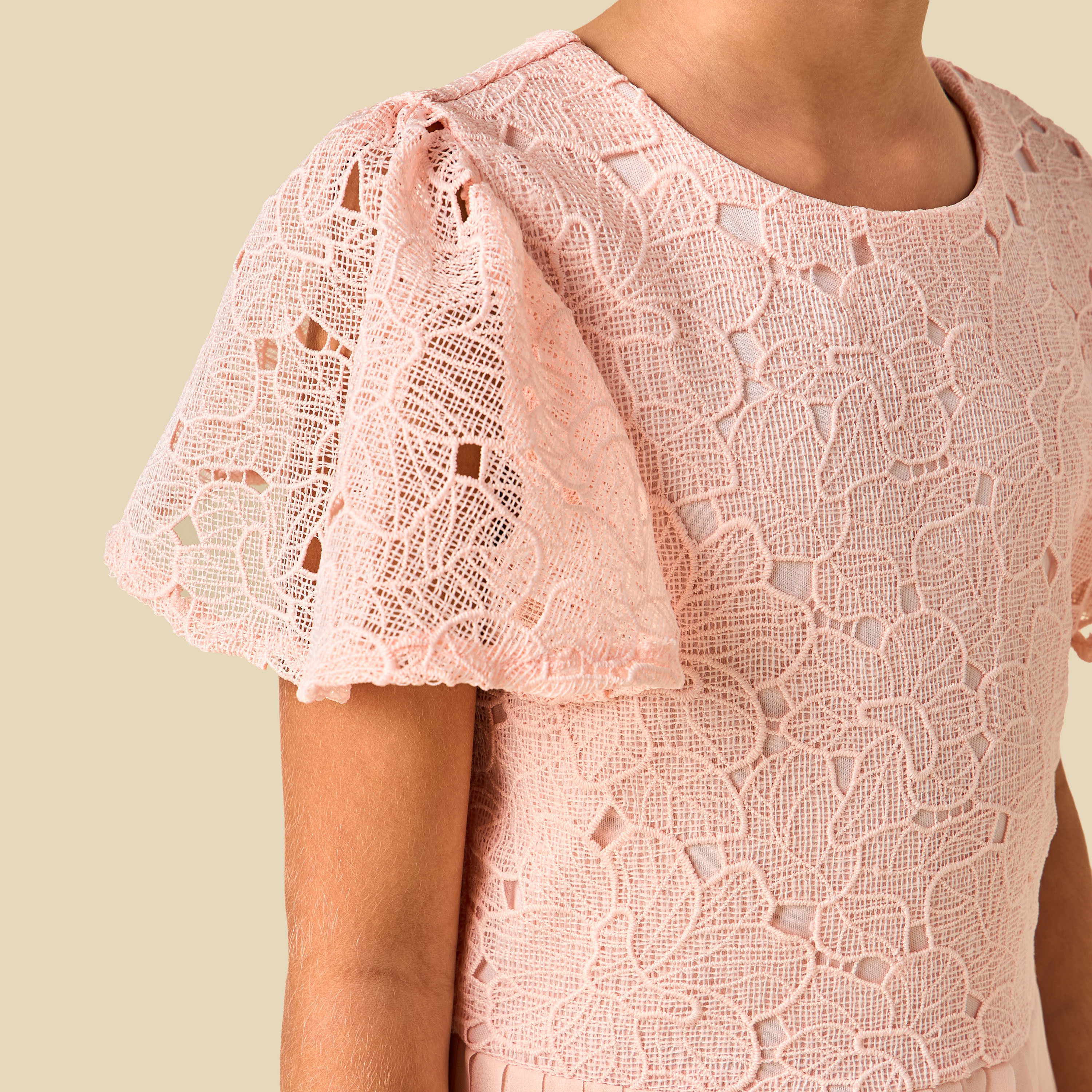 Juniors Round Neck Short Sleeves A-Line Dress with Pleated and Lace Design-girls-clothing-dressesandjumpsuits-image-5