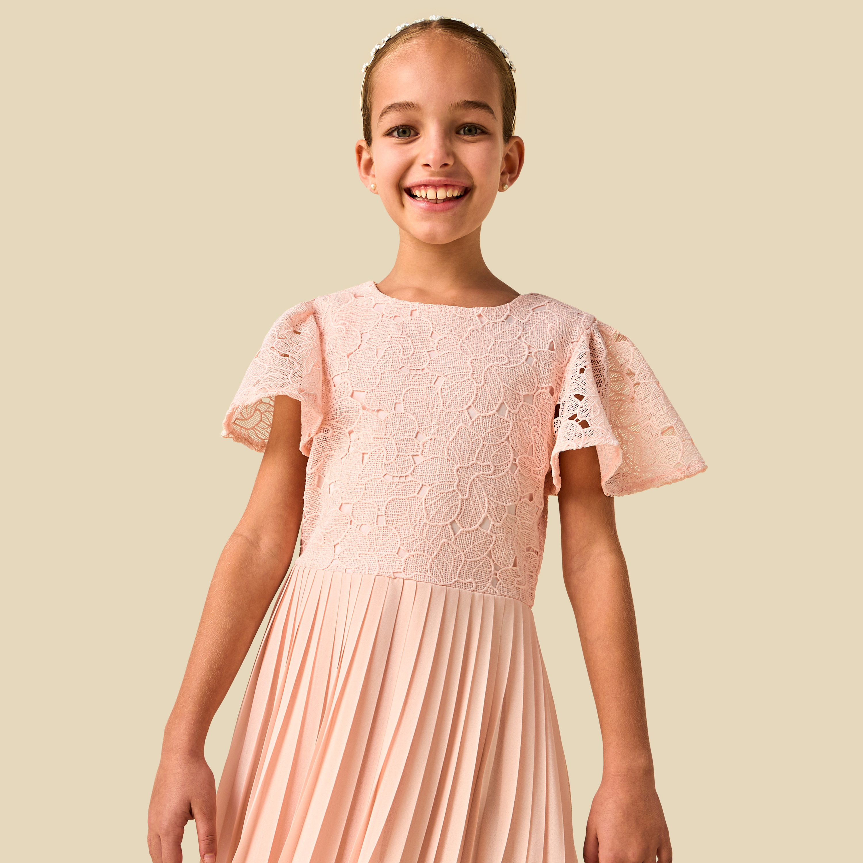 Juniors Round Neck Short Sleeves A-Line Dress with Pleated and Lace Design-girls-clothing-dressesandjumpsuits-image-7