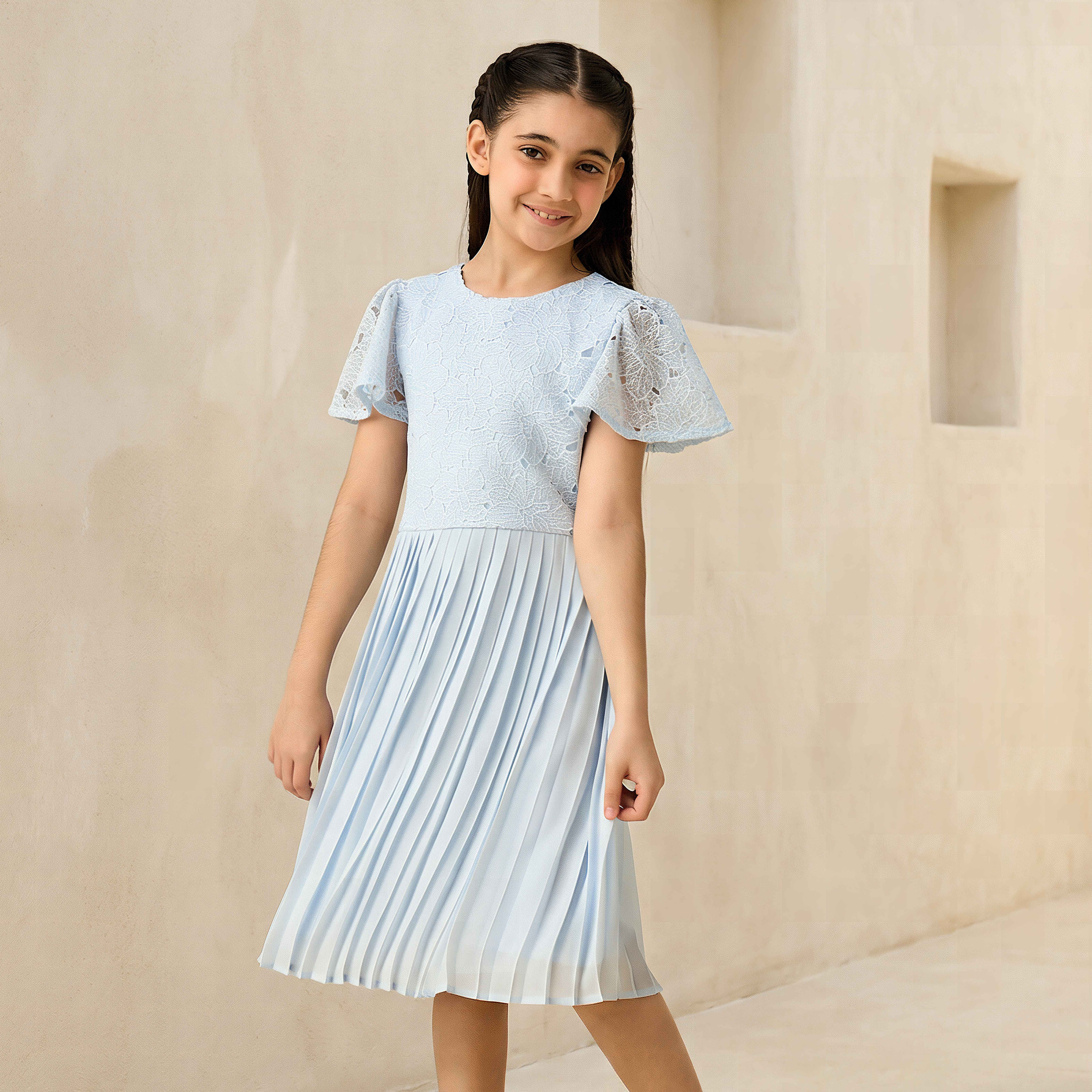Juniors Round Neck Short Sleeves A-Line Dress with Pleated and Lace Design-girls-clothing-dressesandjumpsuits-image-1