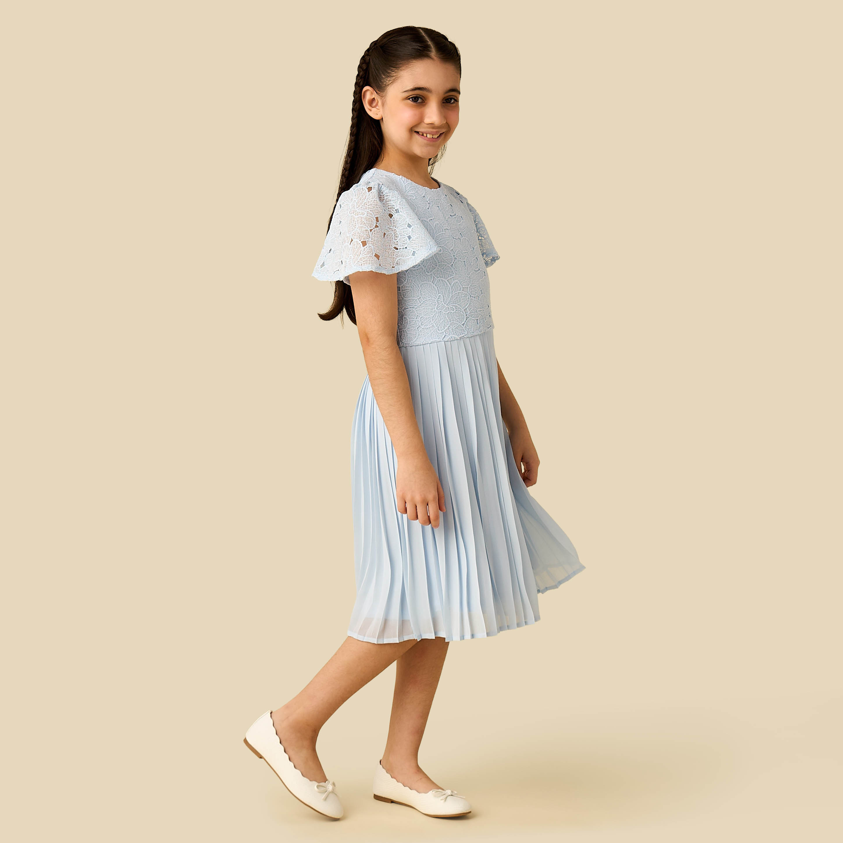 Juniors Round Neck Short Sleeves A-Line Dress with Pleated and Lace Design-girls-clothing-dressesandjumpsuits-image-2
