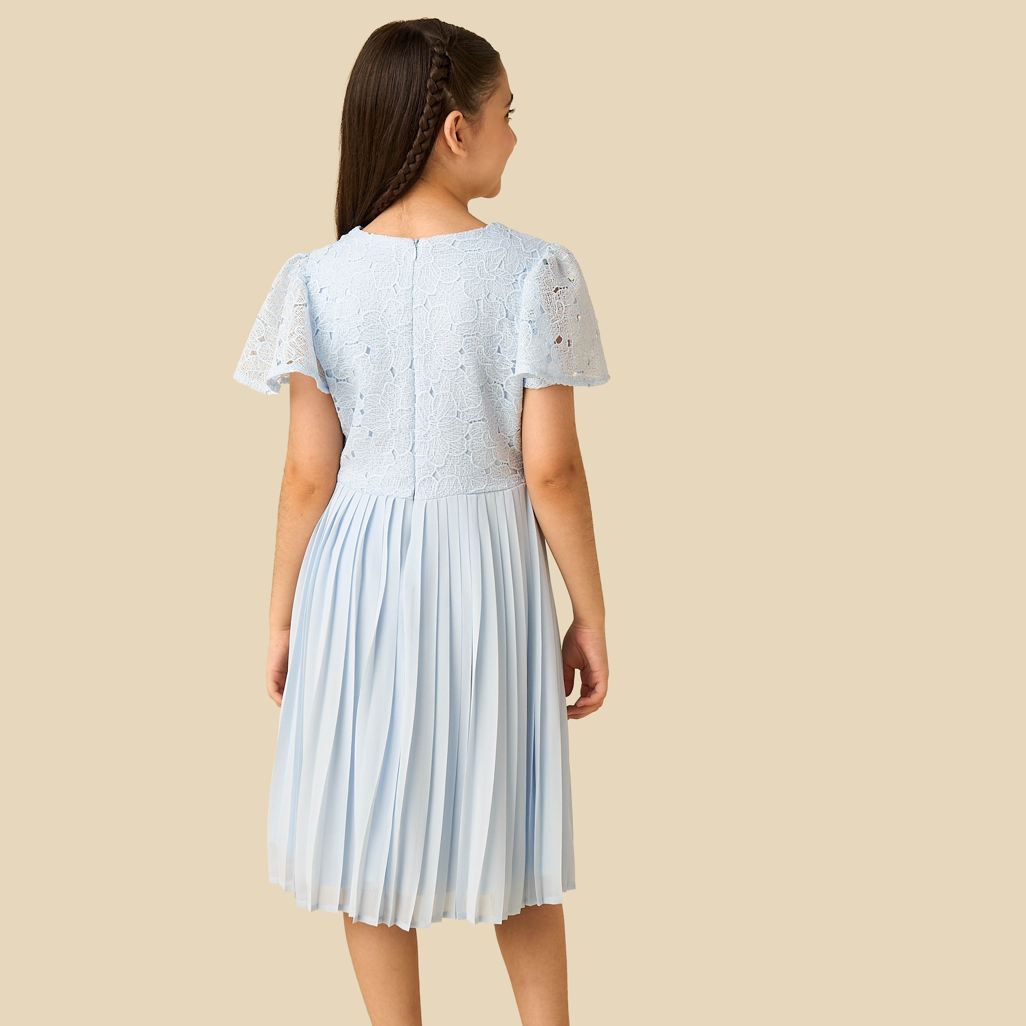 Juniors Round Neck Short Sleeves A-Line Dress with Pleated and Lace Design-girls-clothing-dressesandjumpsuits-image-3