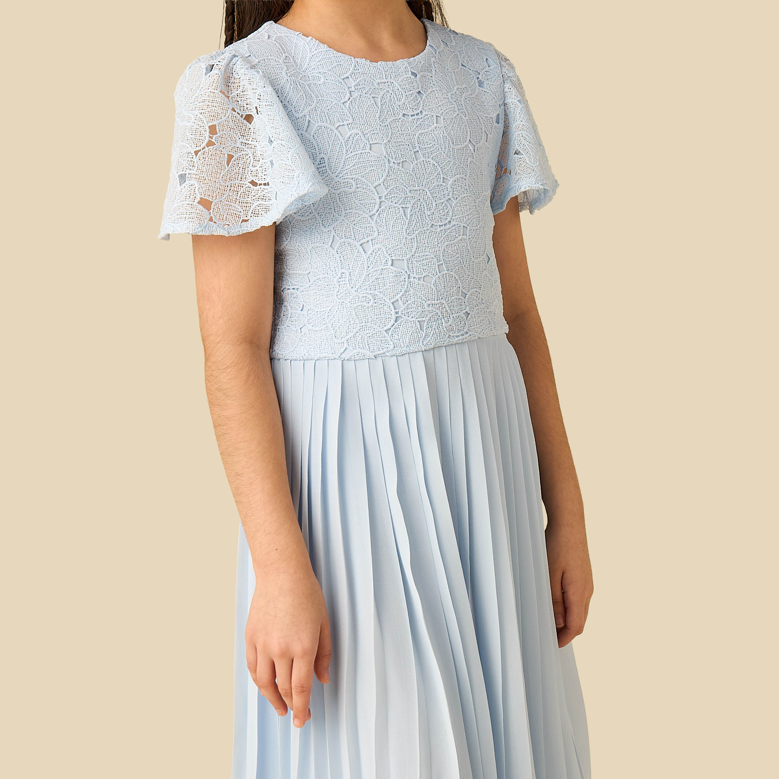 Juniors Round Neck Short Sleeves A-Line Dress with Pleated and Lace Design-girls-clothing-dressesandjumpsuits-image-4
