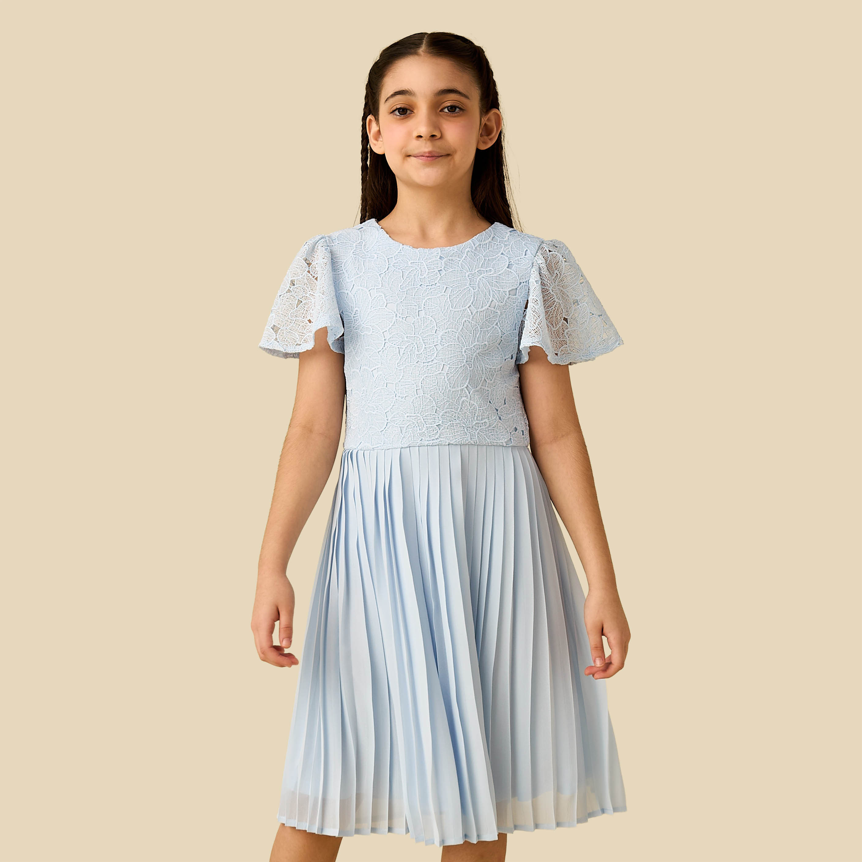 Juniors Round Neck Short Sleeves A-Line Dress with Pleated and Lace Design-girls-clothing-dressesandjumpsuits-image-6
