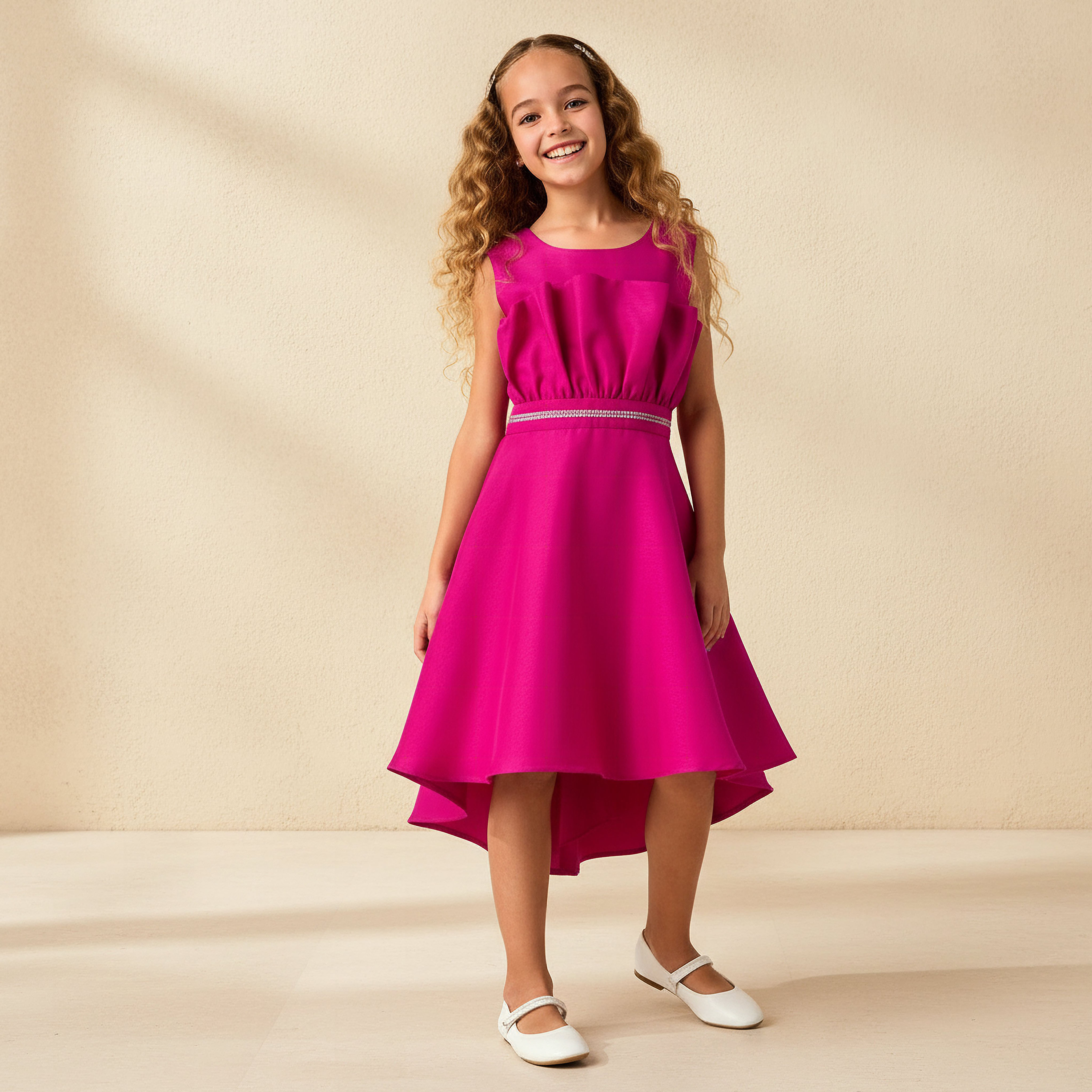 Juniors Round Neck Sleeveless Dress with Pleat Accent-girls-clothing-dressesandjumpsuits-image-2