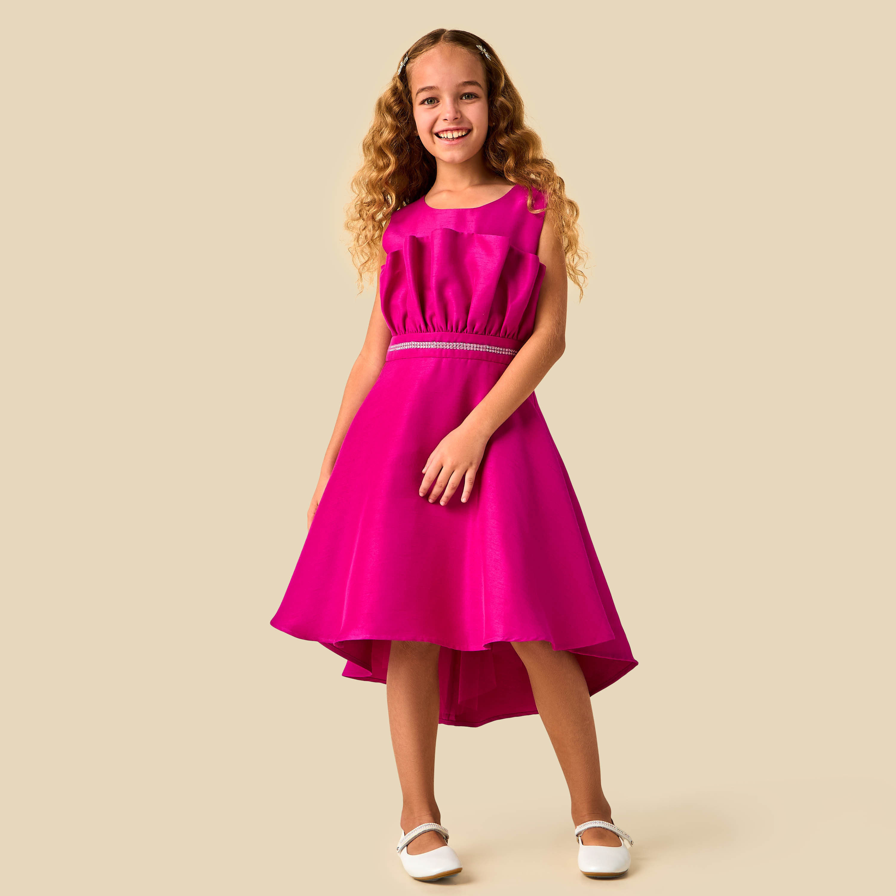 Juniors Round Neck Sleeveless Dress with Pleat Accent-girls-clothing-dressesandjumpsuits-image-3