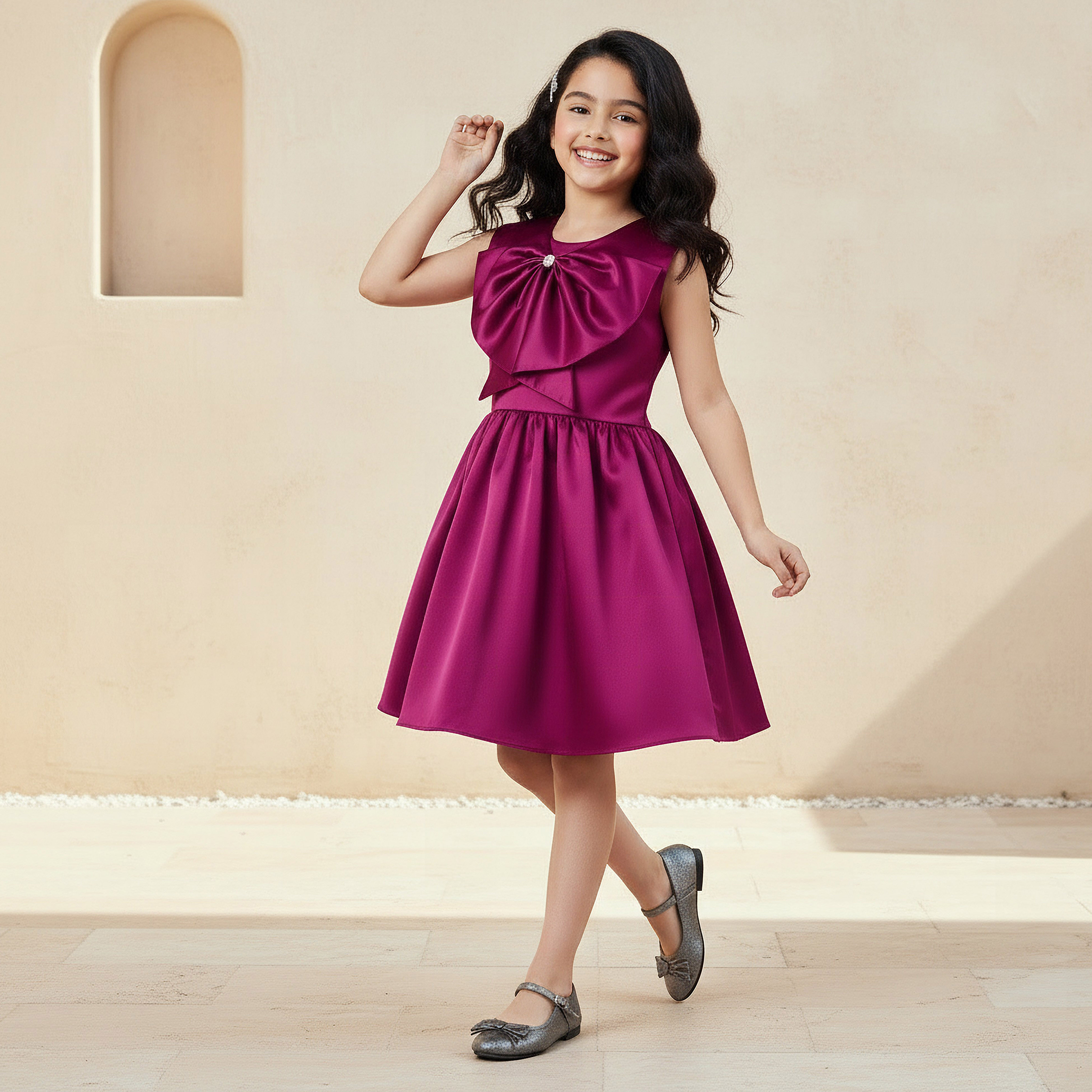 Juniors Sleeveless Dress with Bow Embellishment-girls-clothing-dressesandjumpsuits-image-3