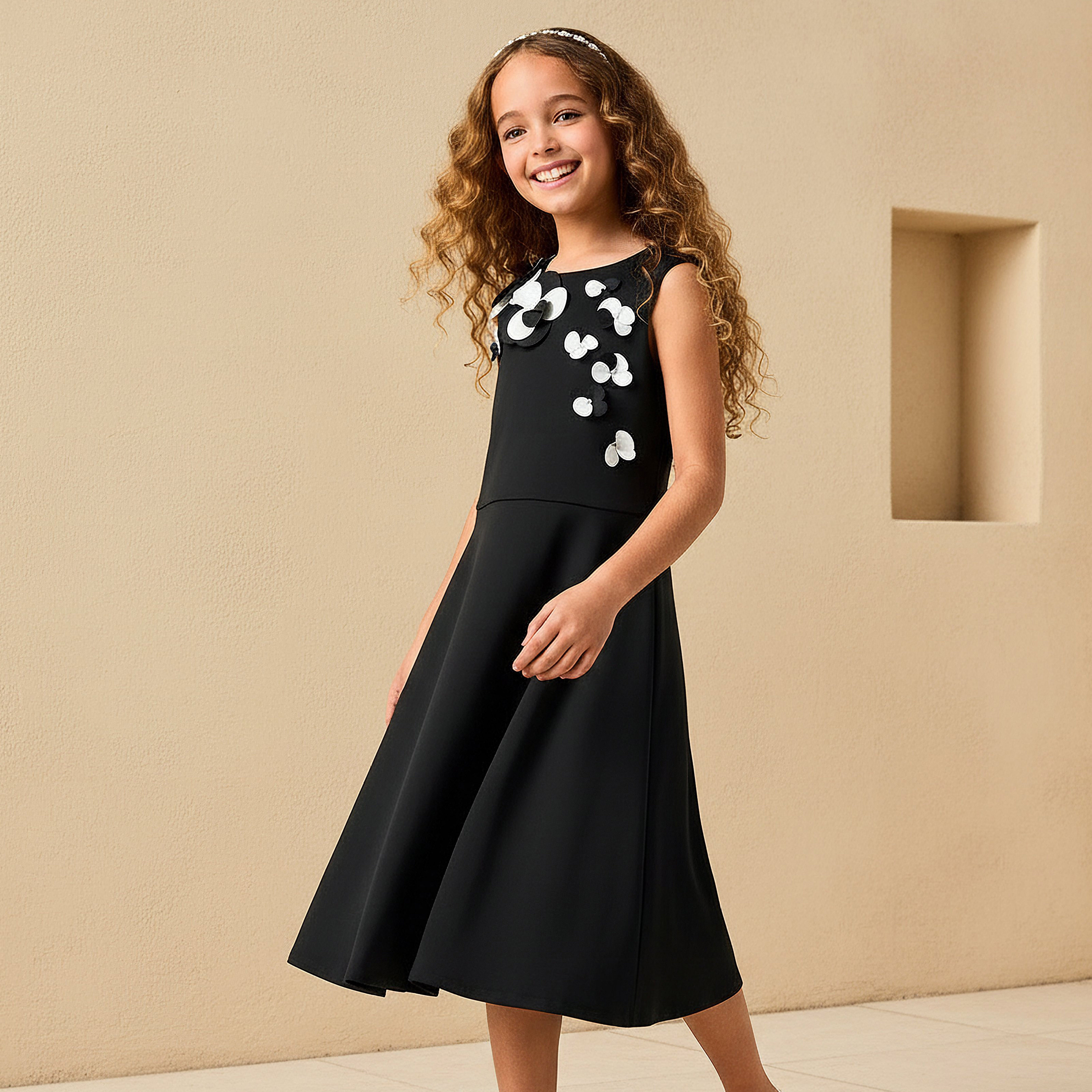 Juniors Round Neck Sleeveless Dress with Floral Embellishment-girls-clothing-dressesandjumpsuits-image-2