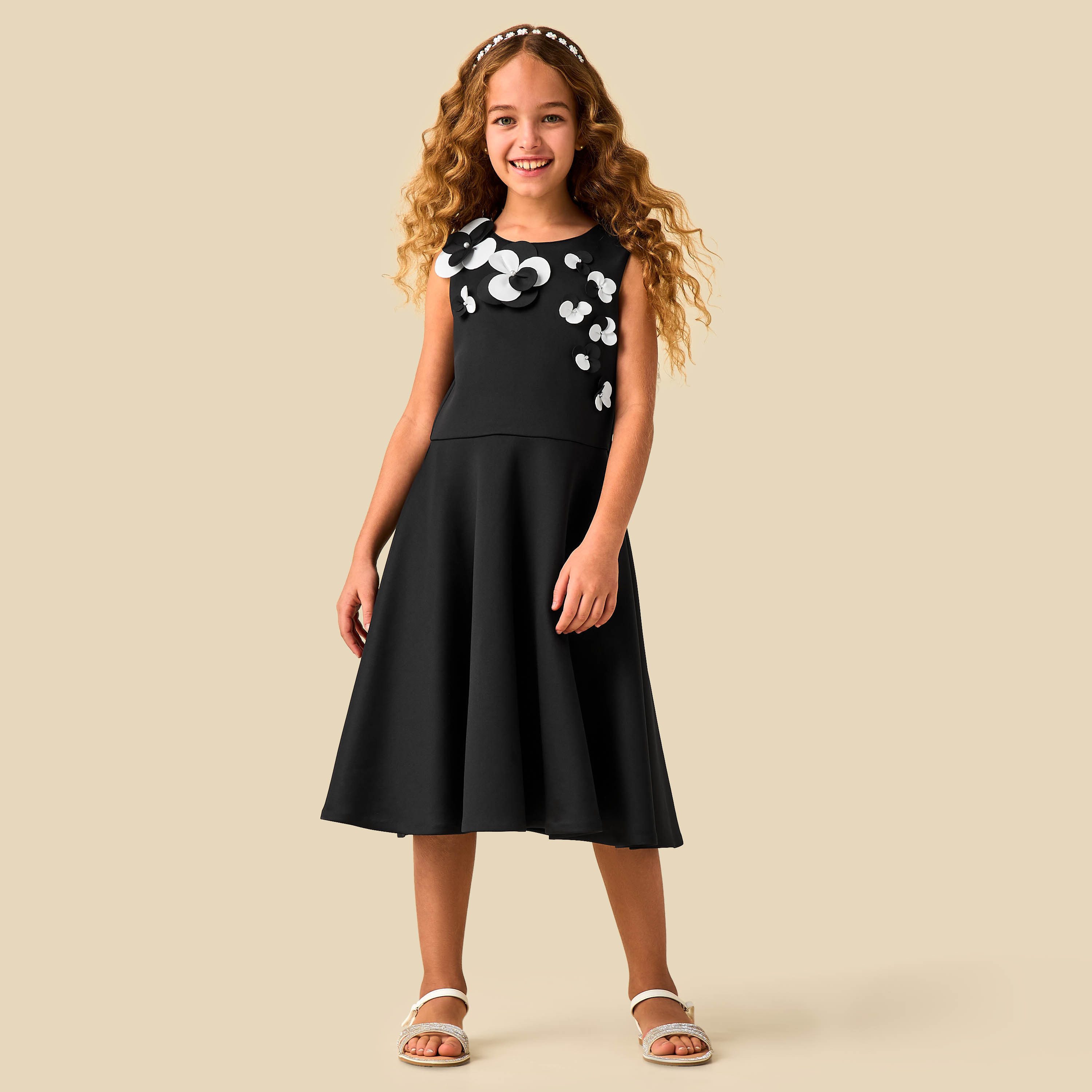 Juniors Round Neck Sleeveless Dress with Floral Embellishment-girls-clothing-dressesandjumpsuits-image-3