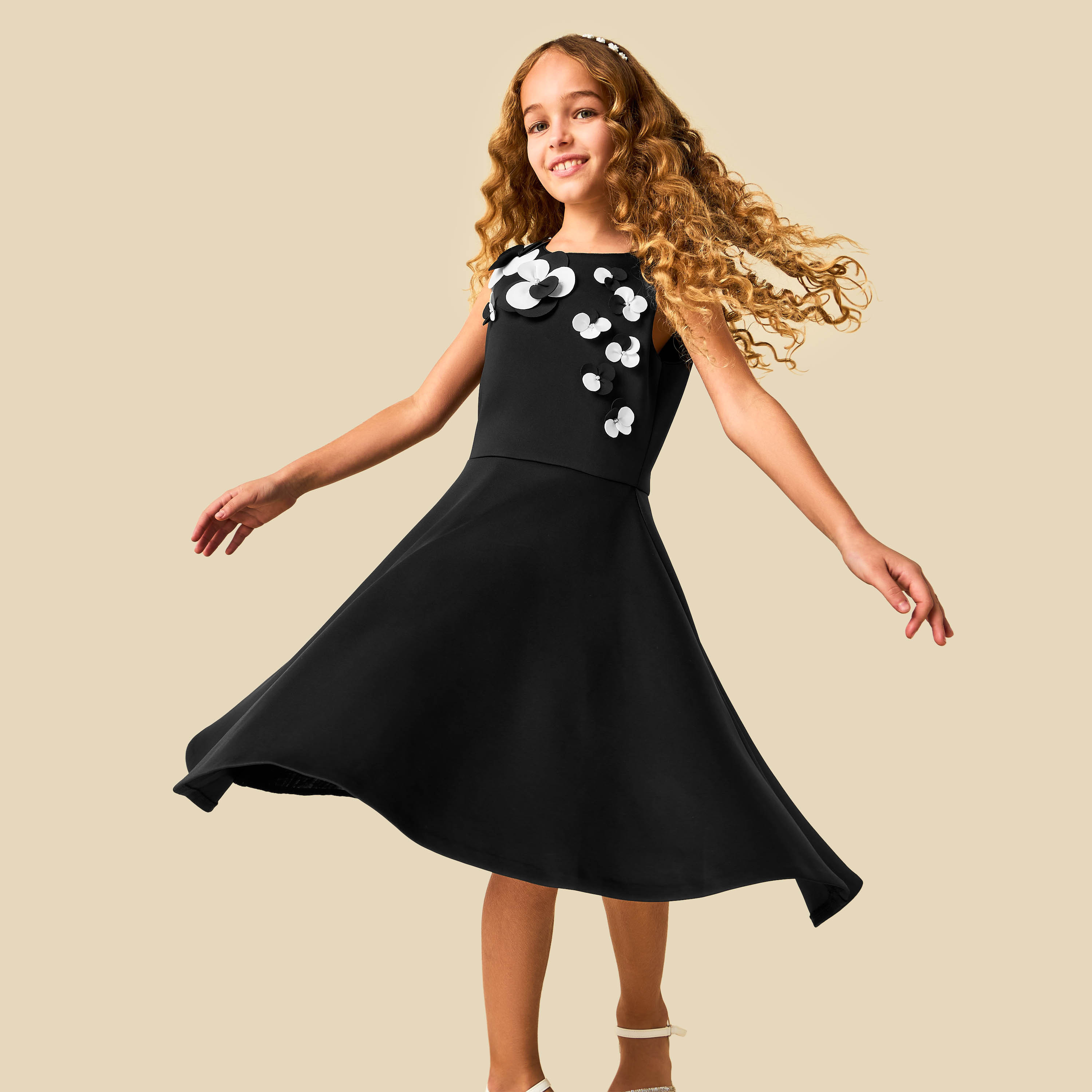 Juniors Round Neck Sleeveless Dress with Floral Embellishment-girls-clothing-dressesandjumpsuits-image-7
