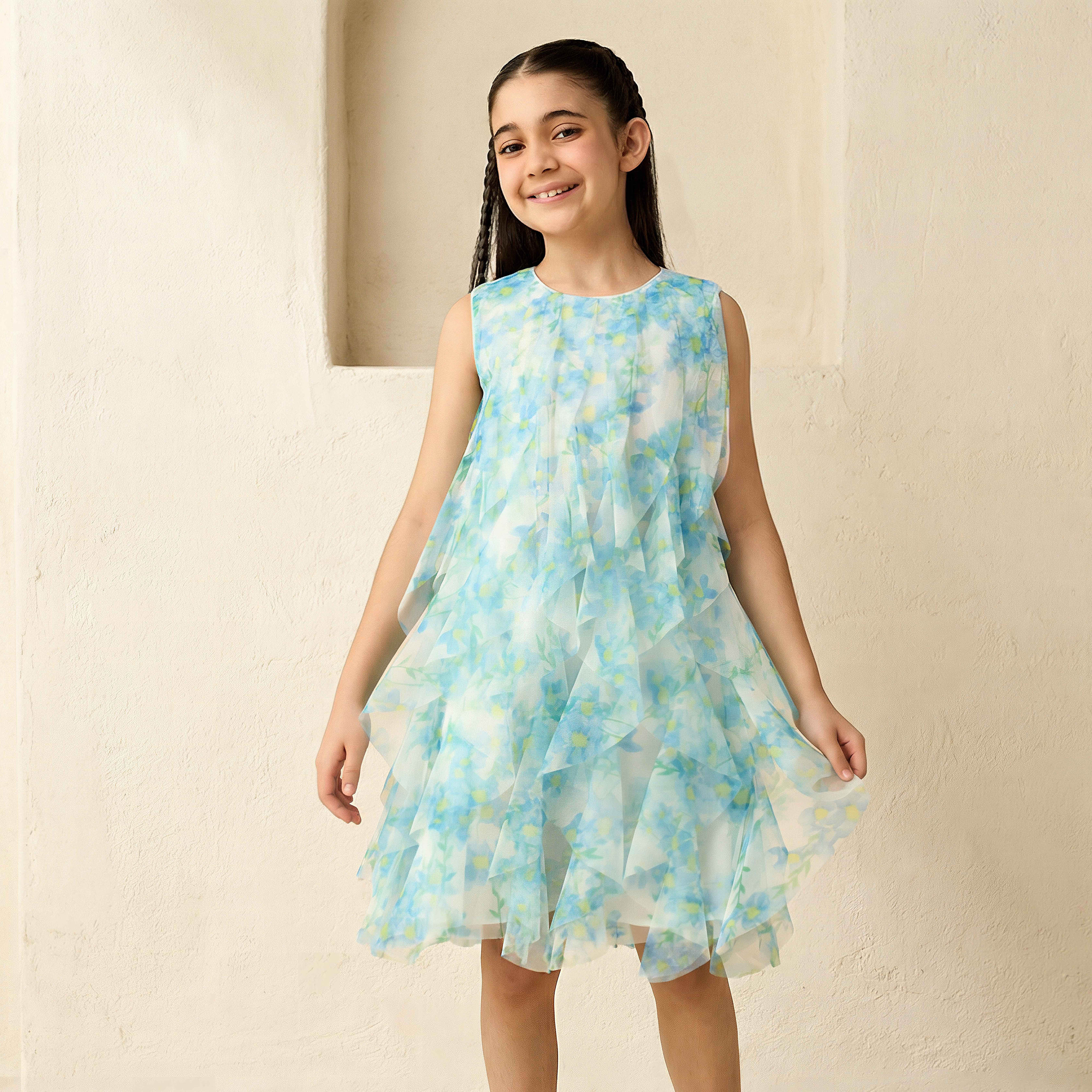 Juniors Round Neck Sleeveless Ruffle Dress with Floral Print-girls-clothing-dressesandjumpsuits-image-1