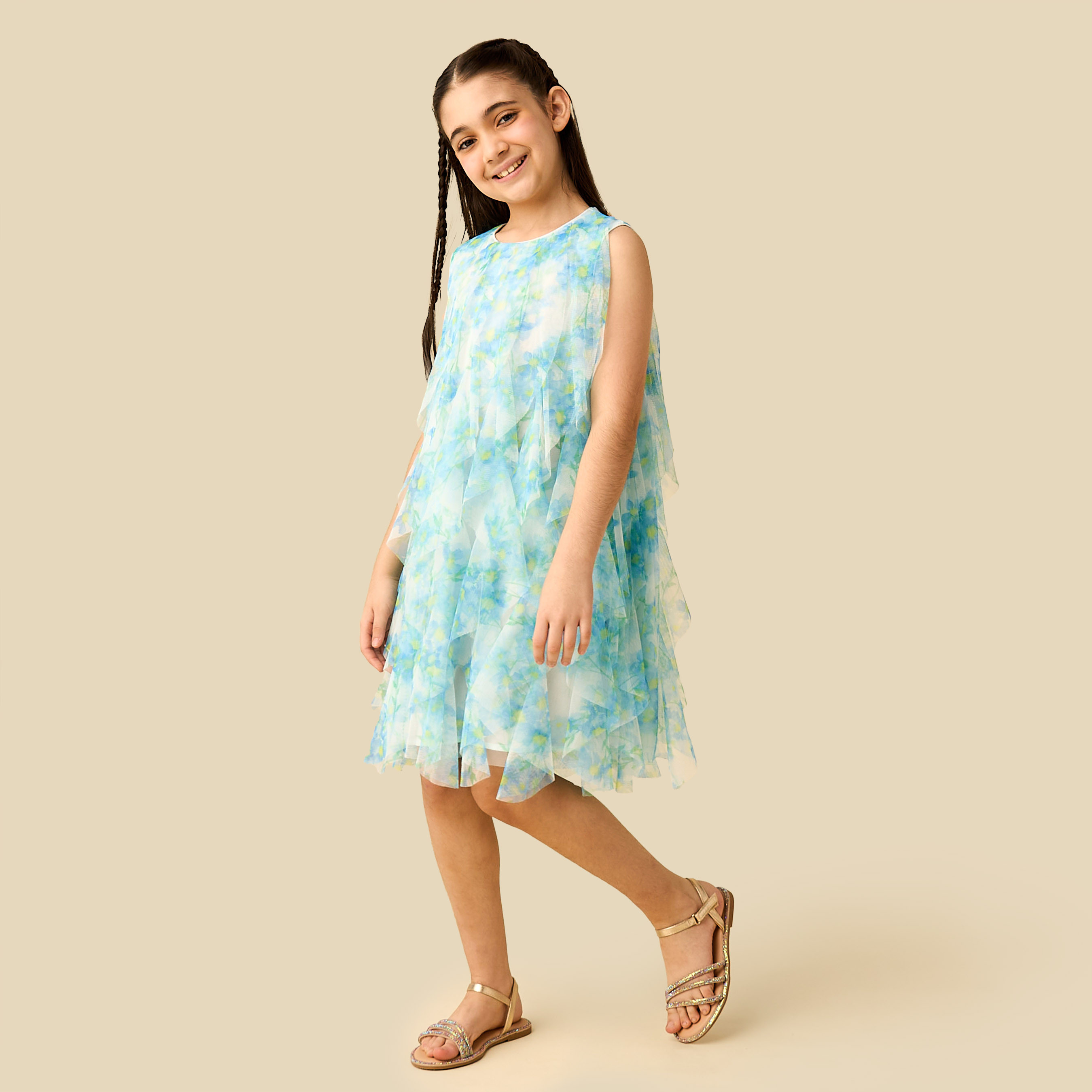 Juniors Round Neck Sleeveless Ruffle Dress with Floral Print-girls-clothing-dressesandjumpsuits-image-2