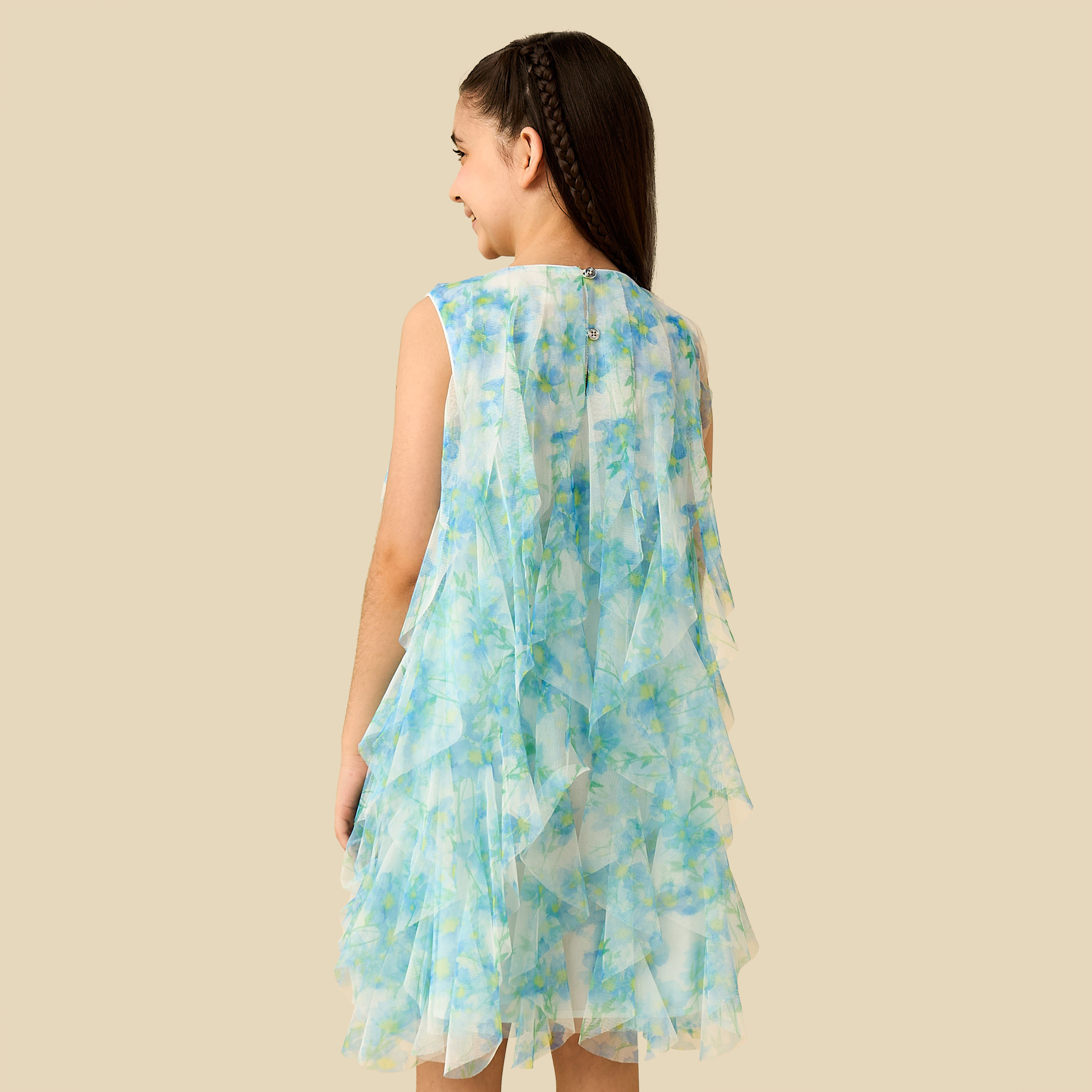 Juniors Round Neck Sleeveless Ruffle Dress with Floral Print-girls-clothing-dressesandjumpsuits-image-3