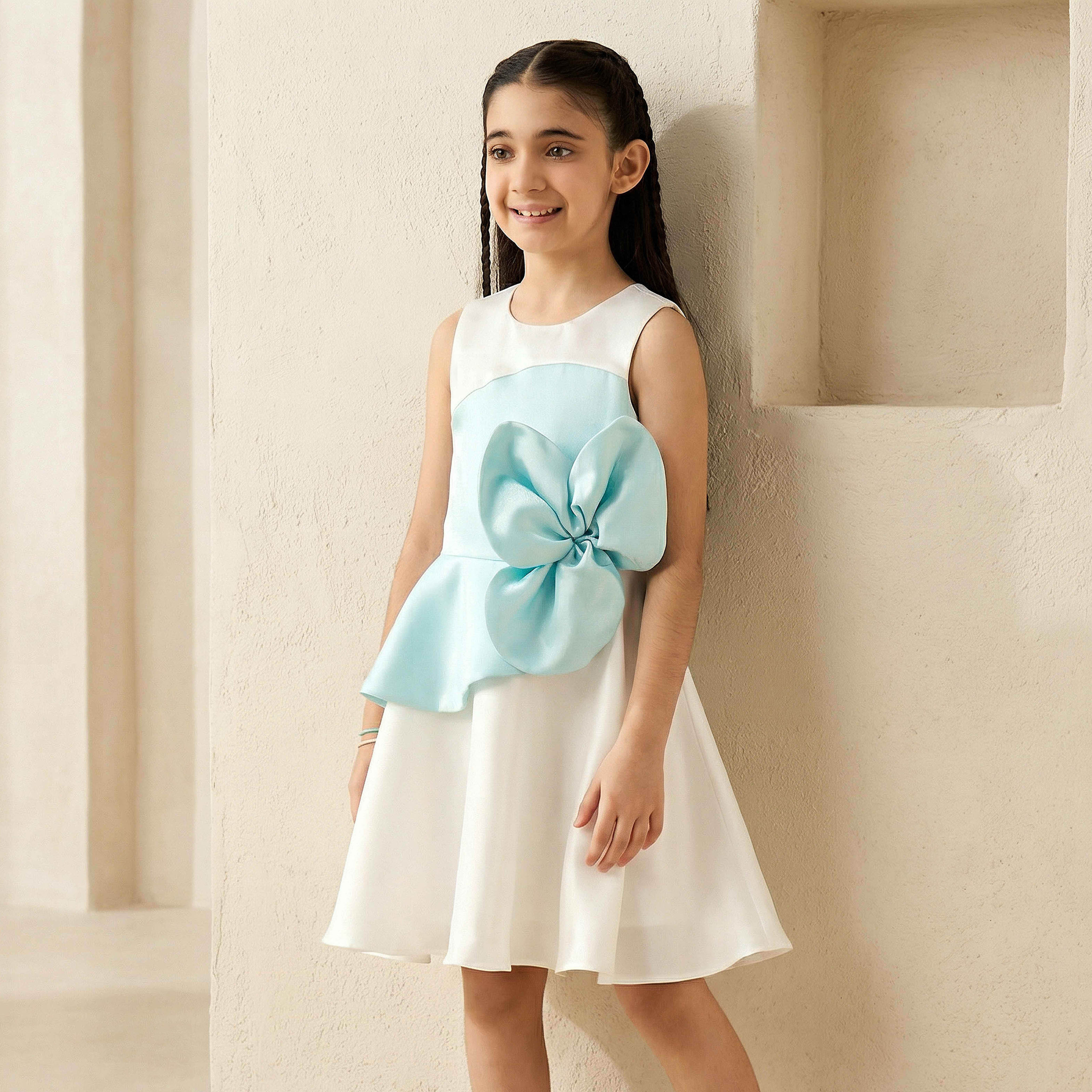 Juniors Round Neck Sleeveless Dress with Floral Bow Applique-girls-clothing-dressesandjumpsuits-image-1