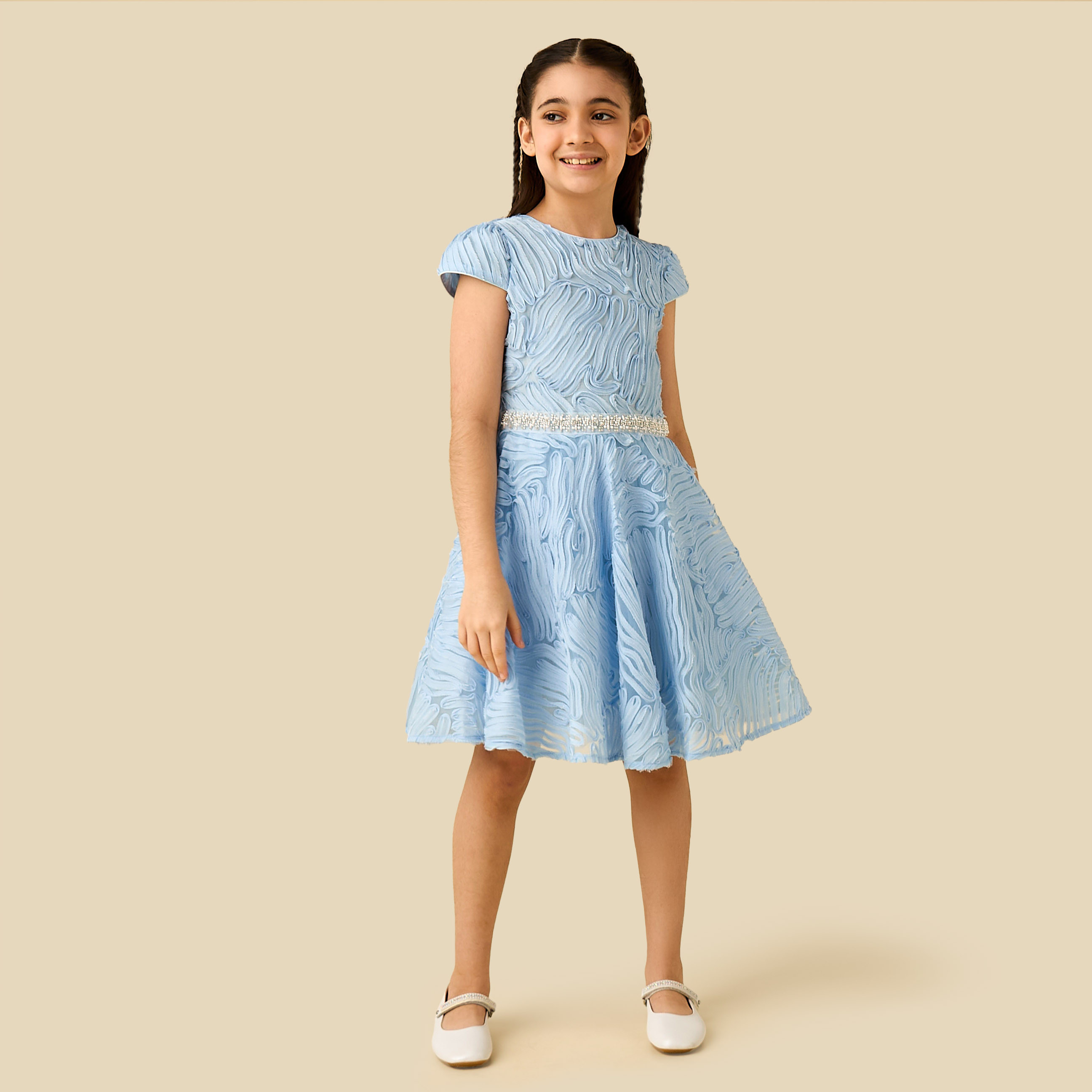 Juniors Round Neck Short Sleeves Dress with Embellished Belt Detail-girls-clothing-dressesandjumpsuits-image-2