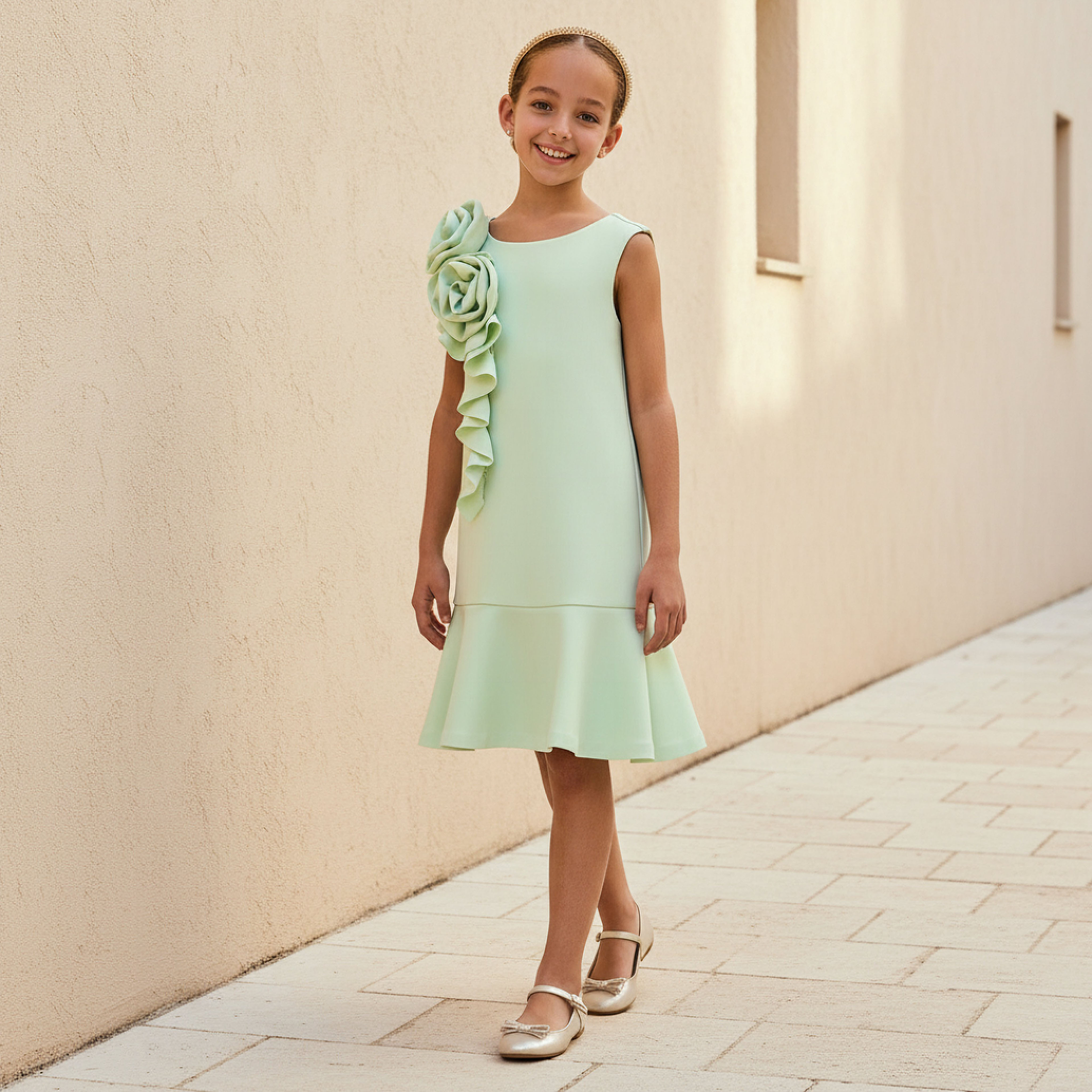 Juniors Round Neck Sleeveless Drop Waist Dress with Floral Applique-girls-clothing-dressesandjumpsuits-image-1