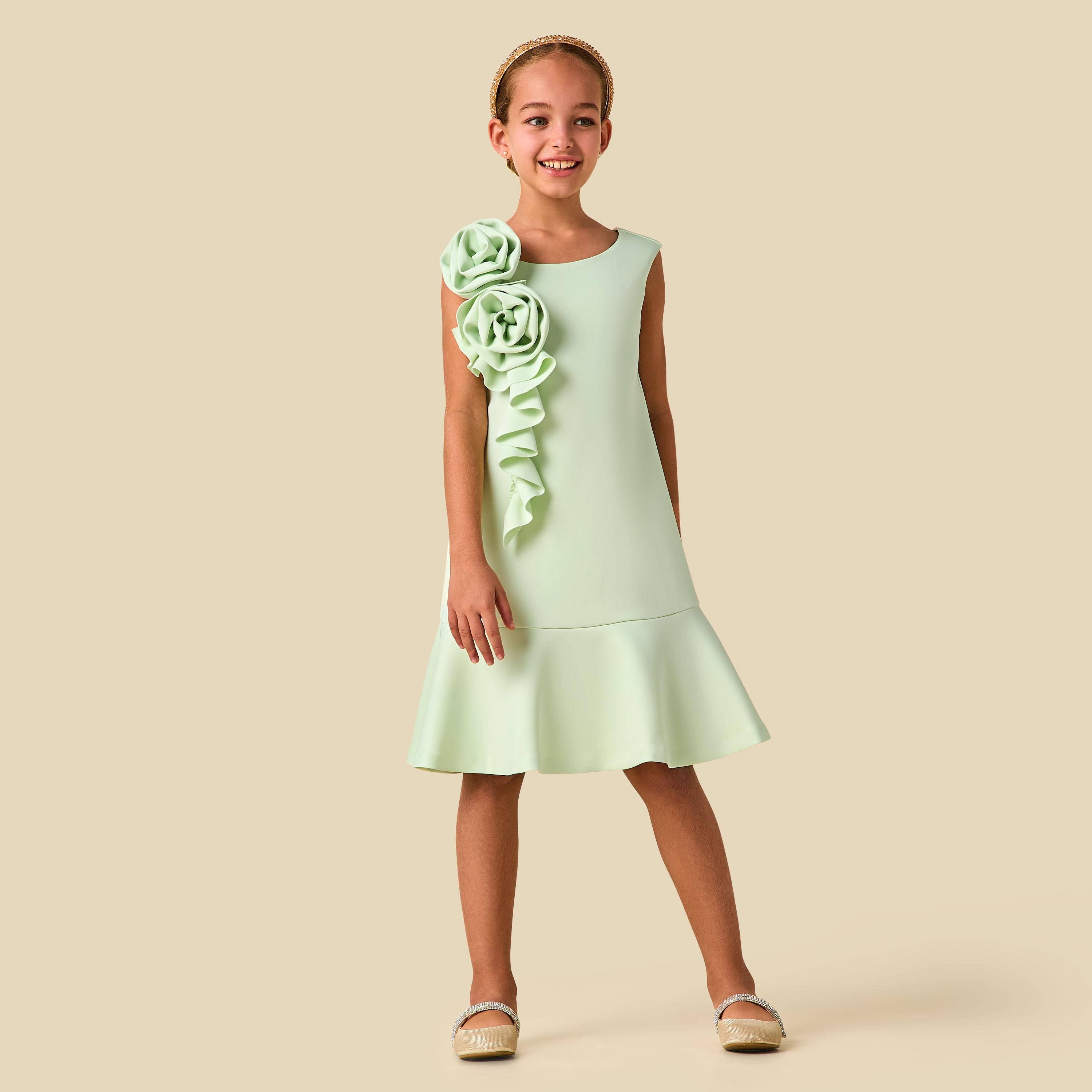 Juniors Round Neck Sleeveless Drop Waist Dress with Floral Applique-girls-clothing-dressesandjumpsuits-image-2