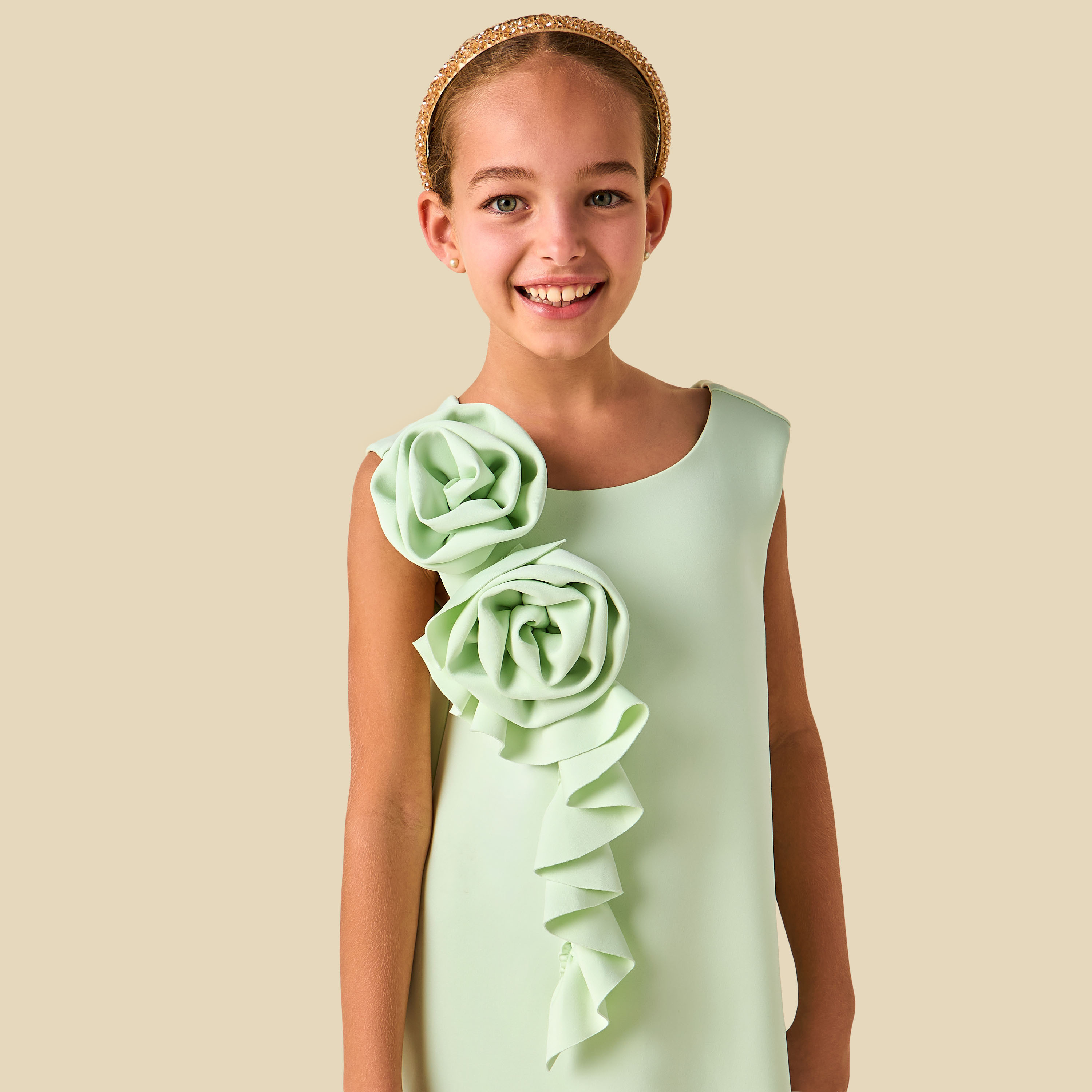 Juniors Round Neck Sleeveless Drop Waist Dress with Floral Applique-girls-clothing-dressesandjumpsuits-image-5
