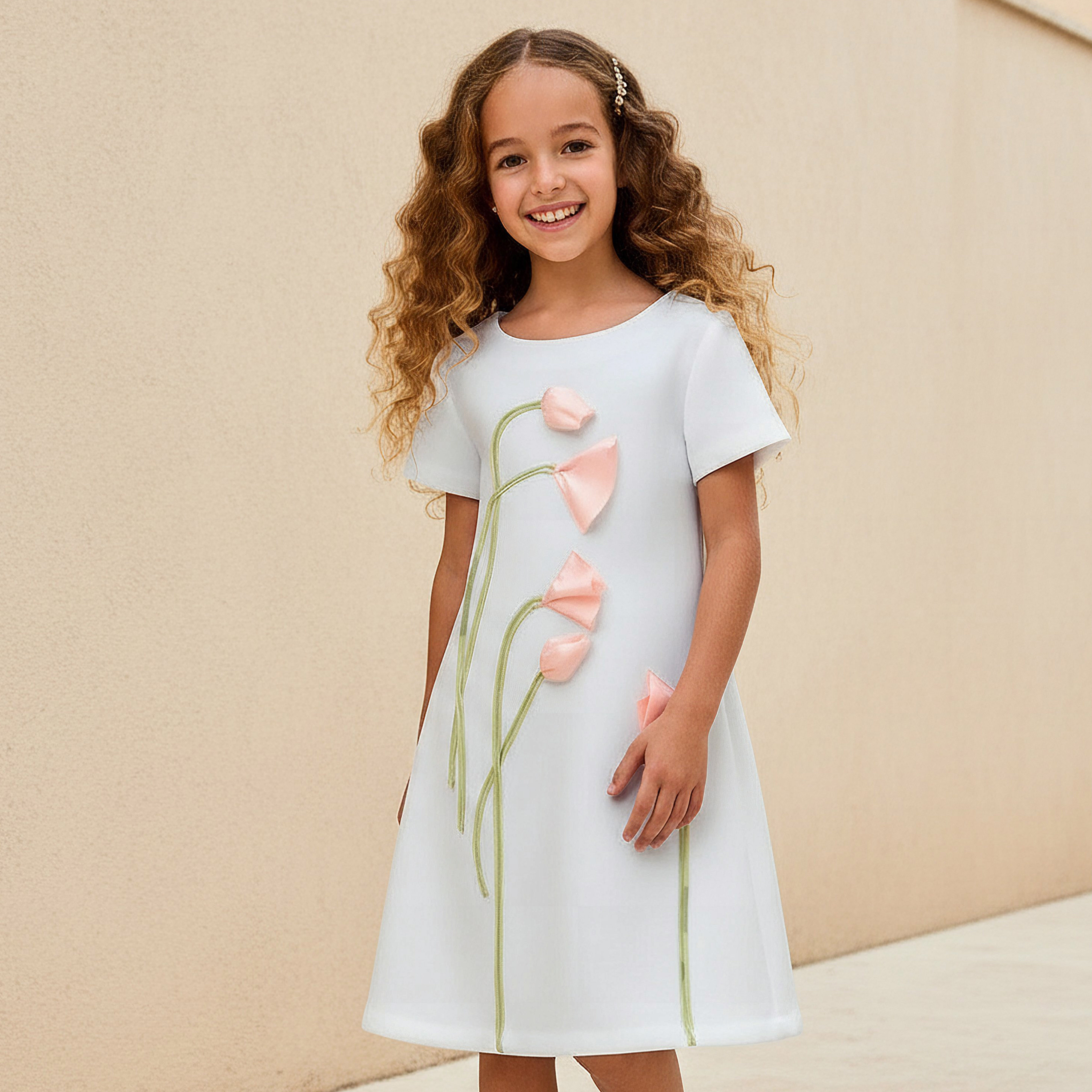 فستان بياقة مستديرة وأكمام قصيرة وزخارف زهرية من جونيورز-girls-clothing-dressesandjumpsuits-image-2