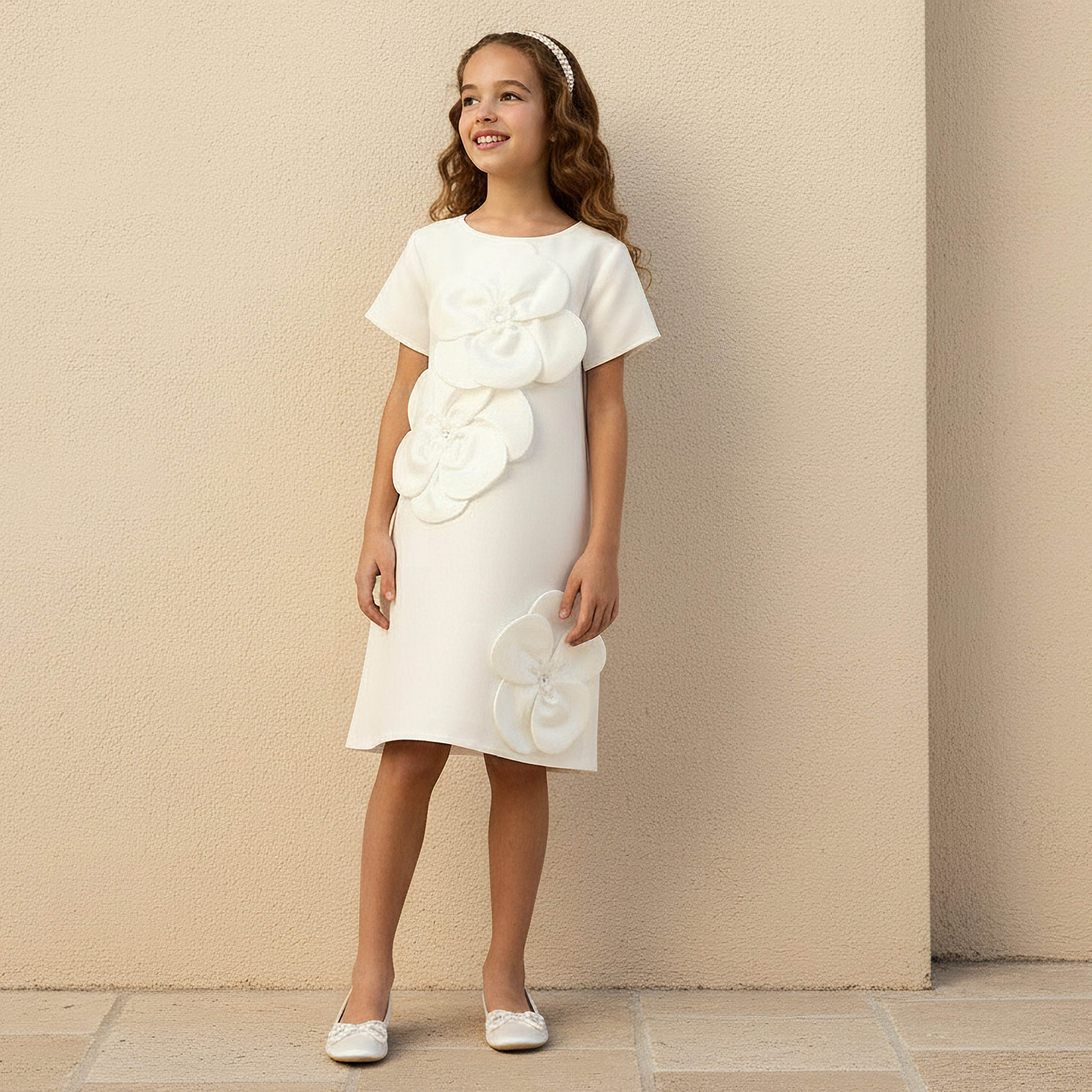 Juniors Round Neck Short Sleeves Dress with Floral Applique-girls-clothing-dressesandjumpsuits-image-2