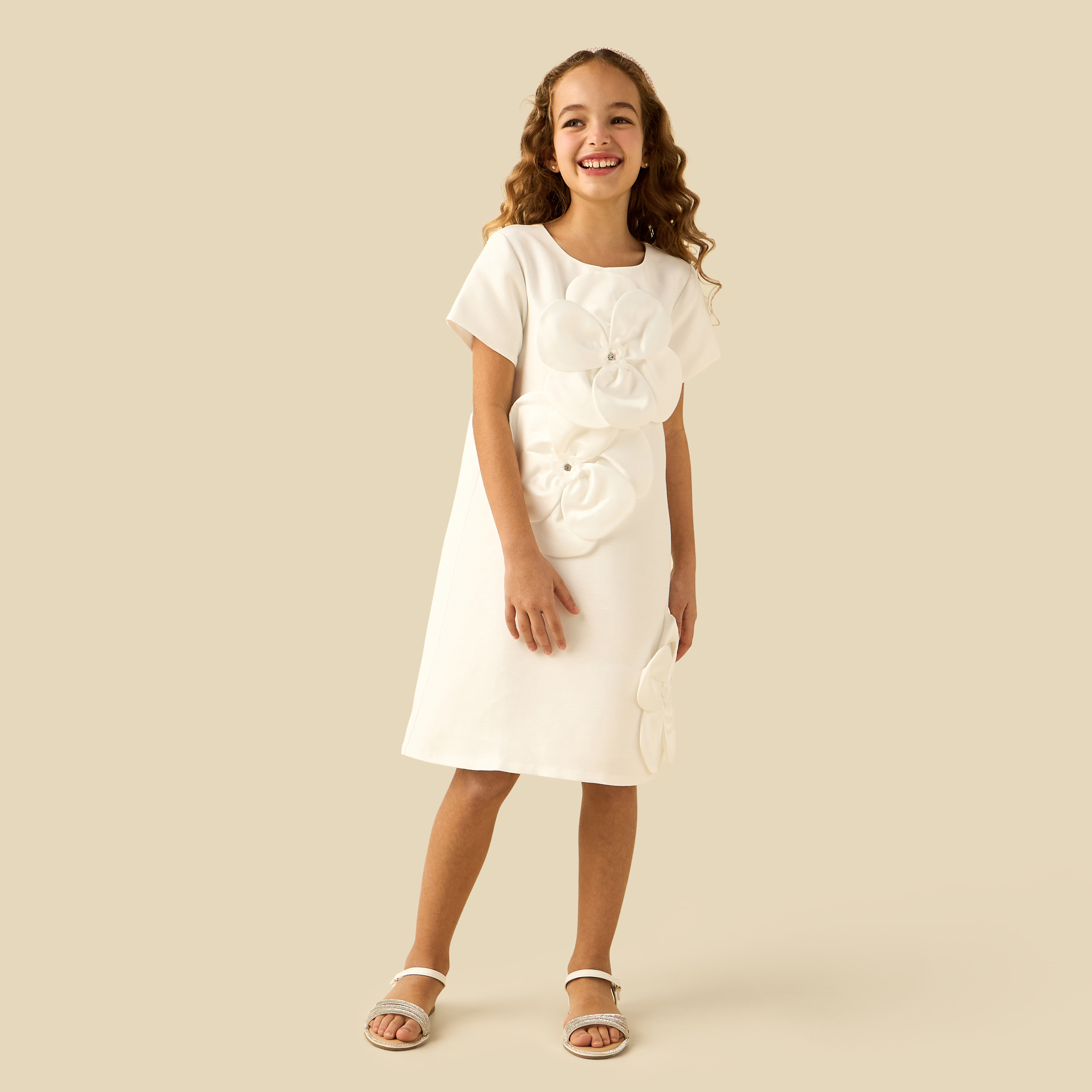 Juniors Round Neck Short Sleeves Dress with Floral Applique-girls-clothing-dressesandjumpsuits-image-3