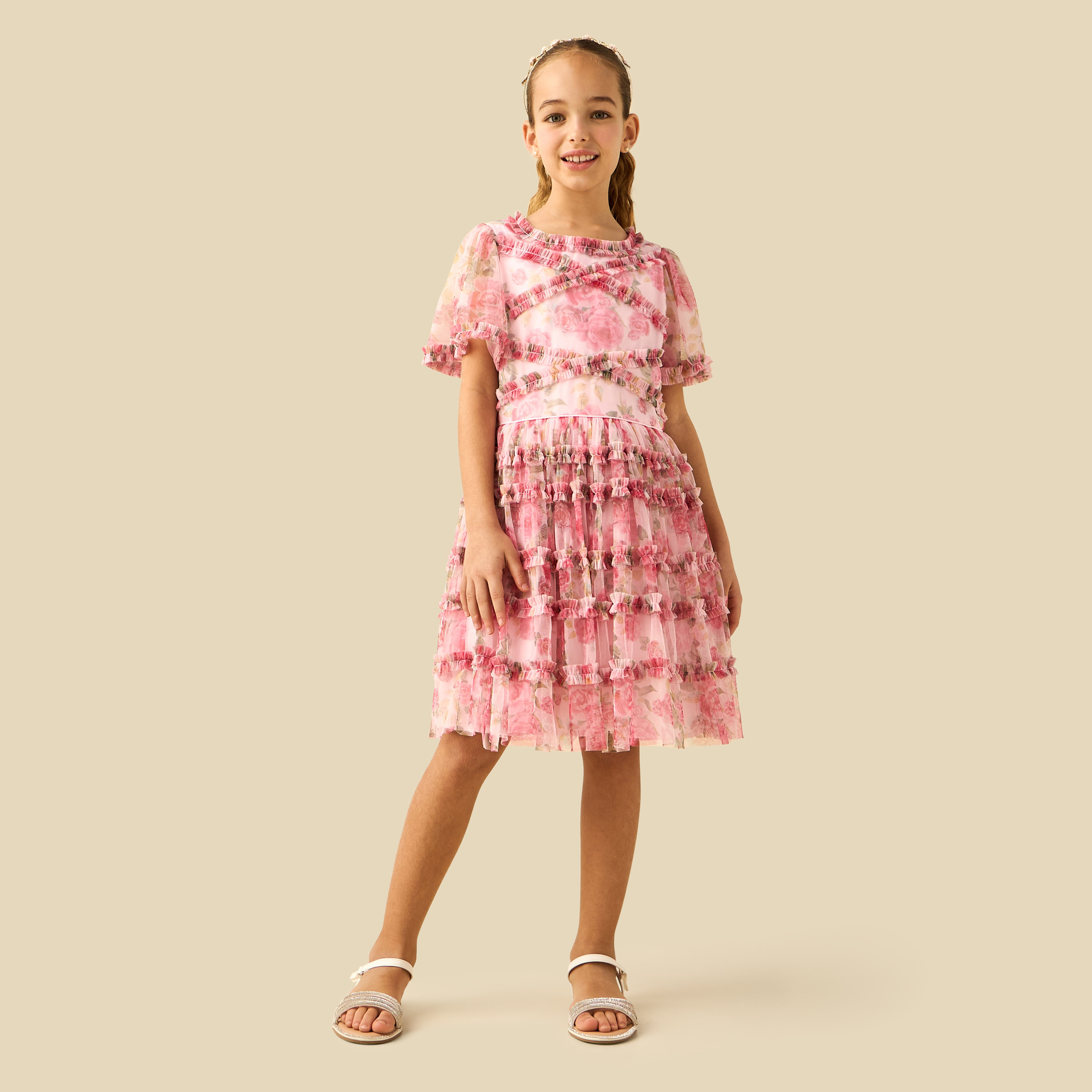 Juniors Round Neck Short Sleeves Tiered Dress with Ruffle and Floral Print-girls-clothing-dressesandjumpsuits-image-3