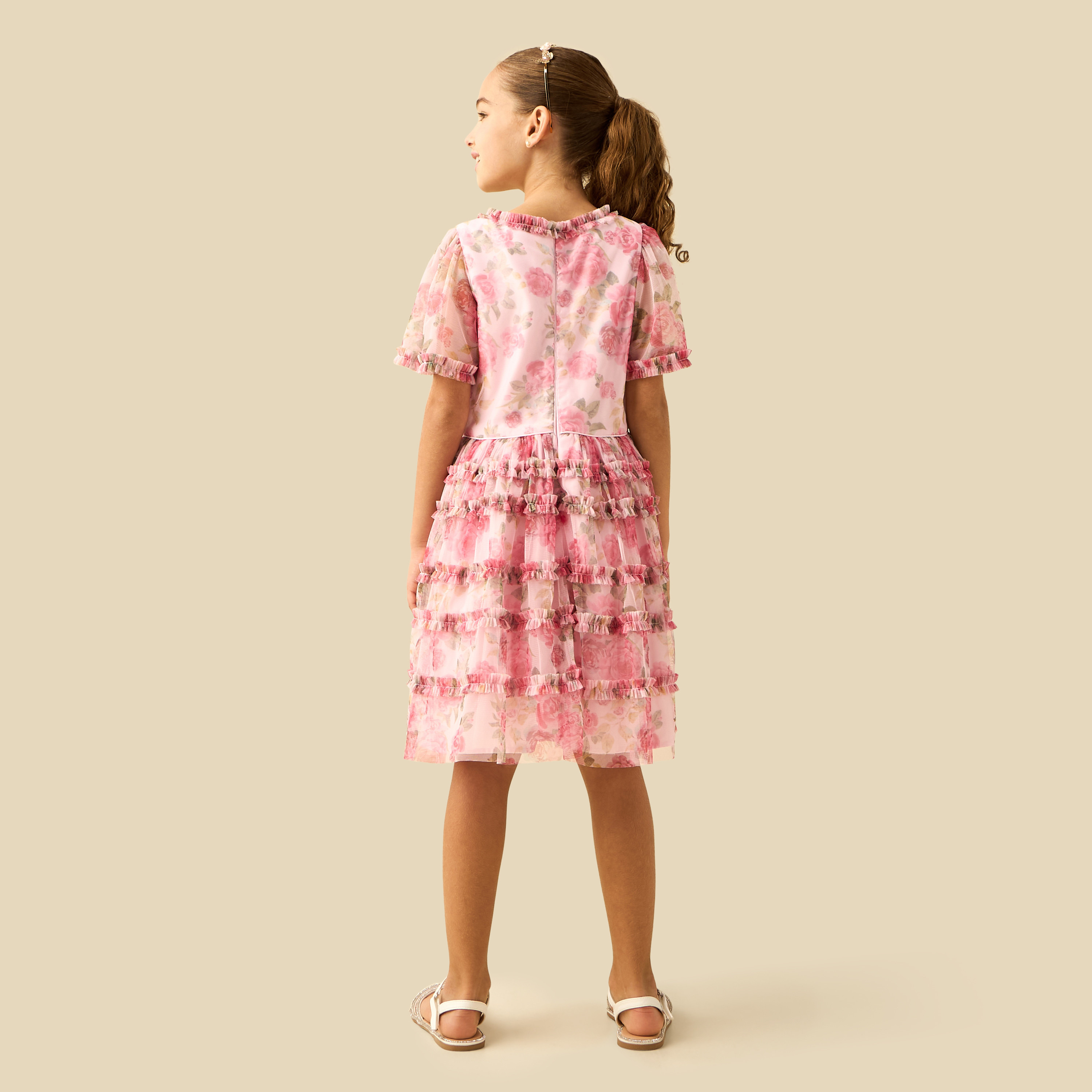 Juniors Round Neck Short Sleeves Tiered Dress with Ruffle and Floral Print-girls-clothing-dressesandjumpsuits-image-4