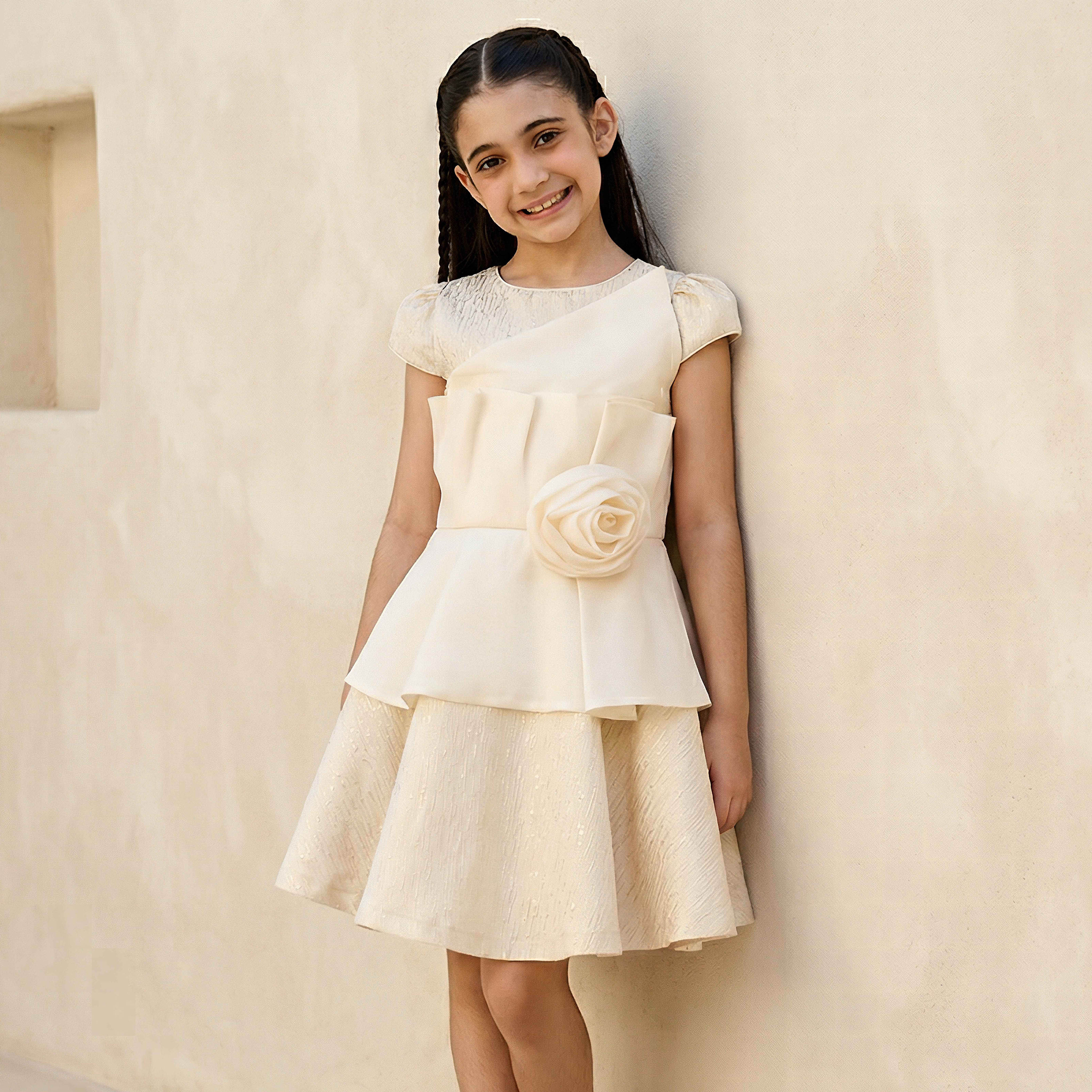 Juniors Round Neck Cap Sleeves Dress with Floral Applique-girls-clothing-dressesandjumpsuits-image-1