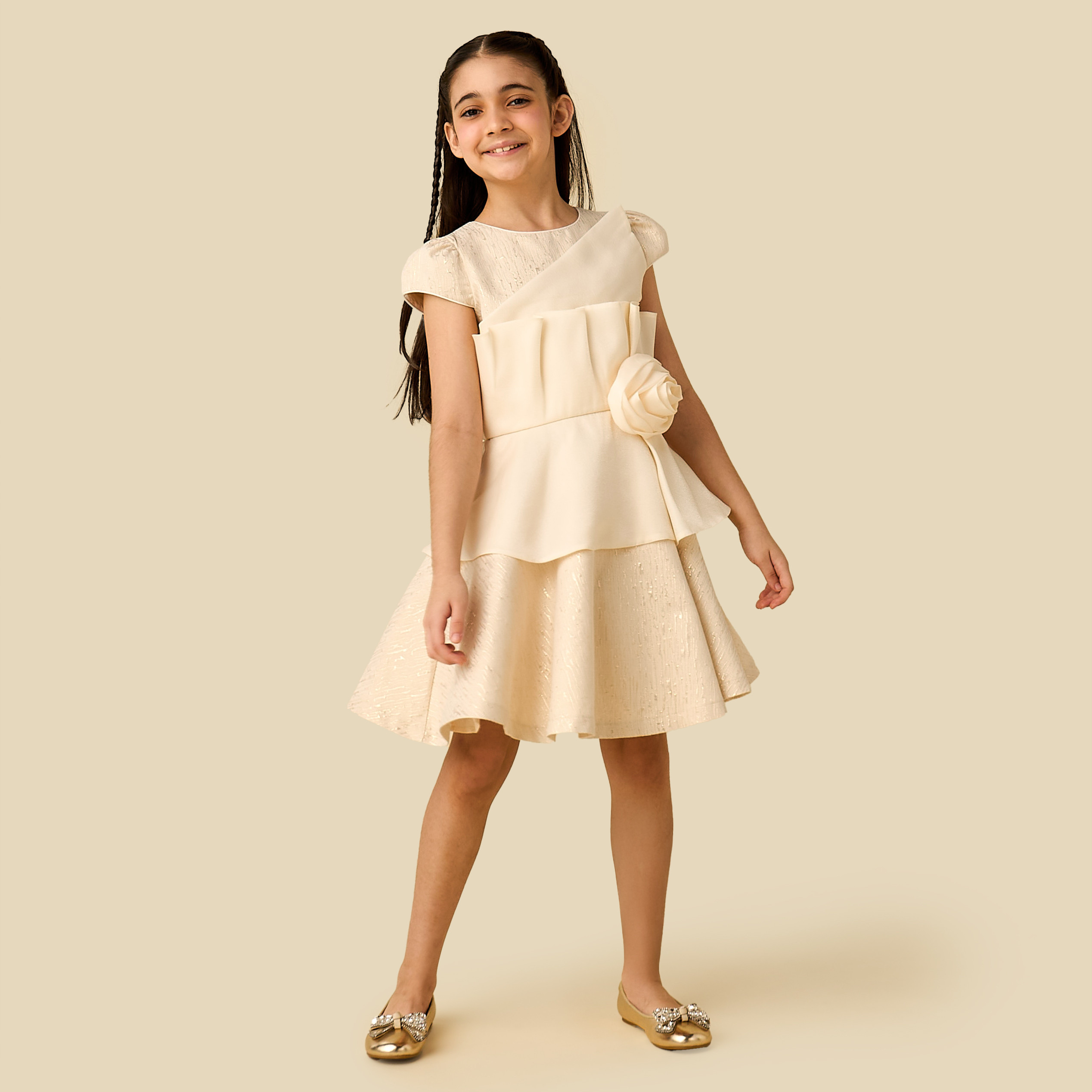 Juniors Round Neck Cap Sleeves Dress with Floral Applique-girls-clothing-dressesandjumpsuits-image-2