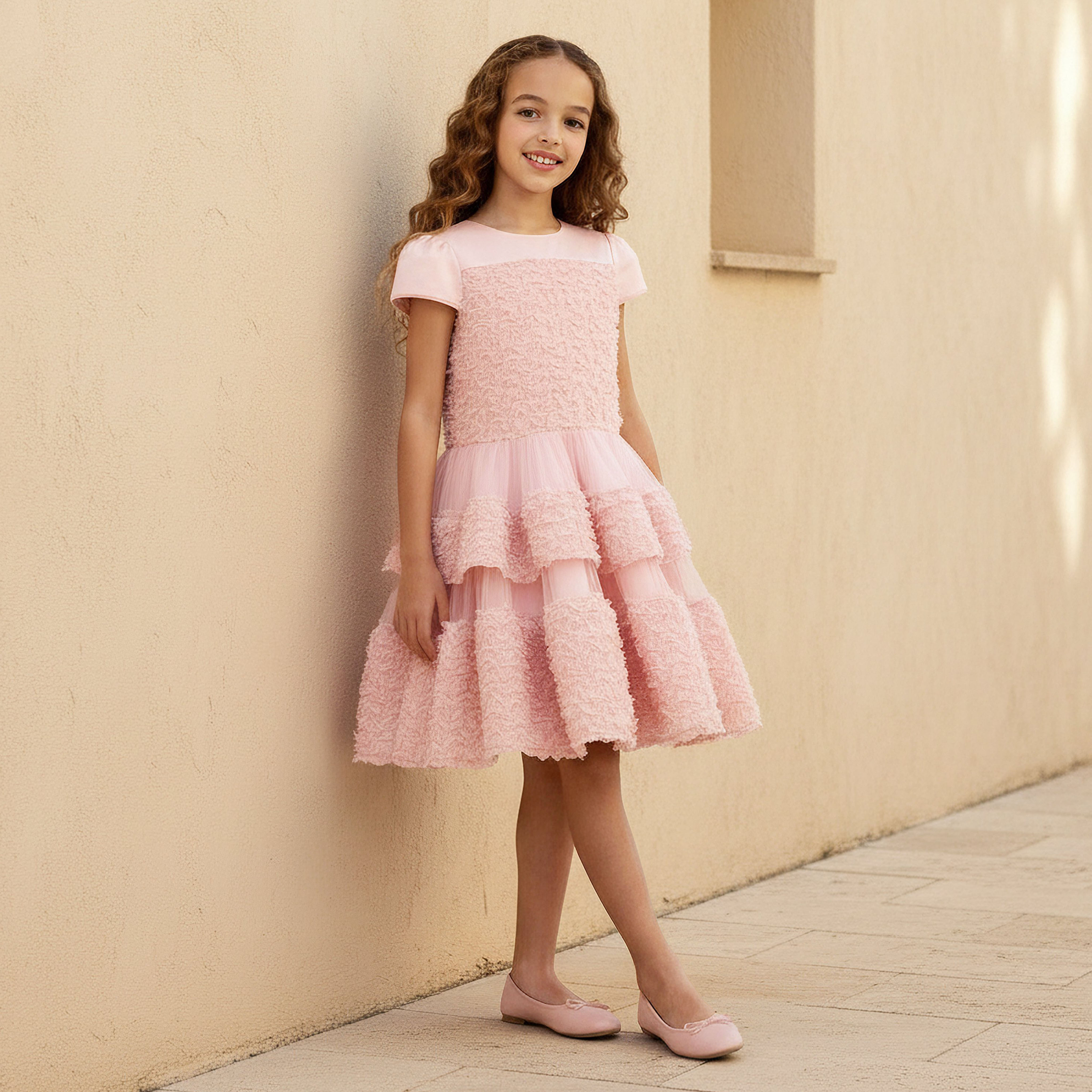 Juniors Round Neck Short Sleeves Tiered Dress with Ruffle Detail-girls-clothing-dressesandjumpsuits-image-2