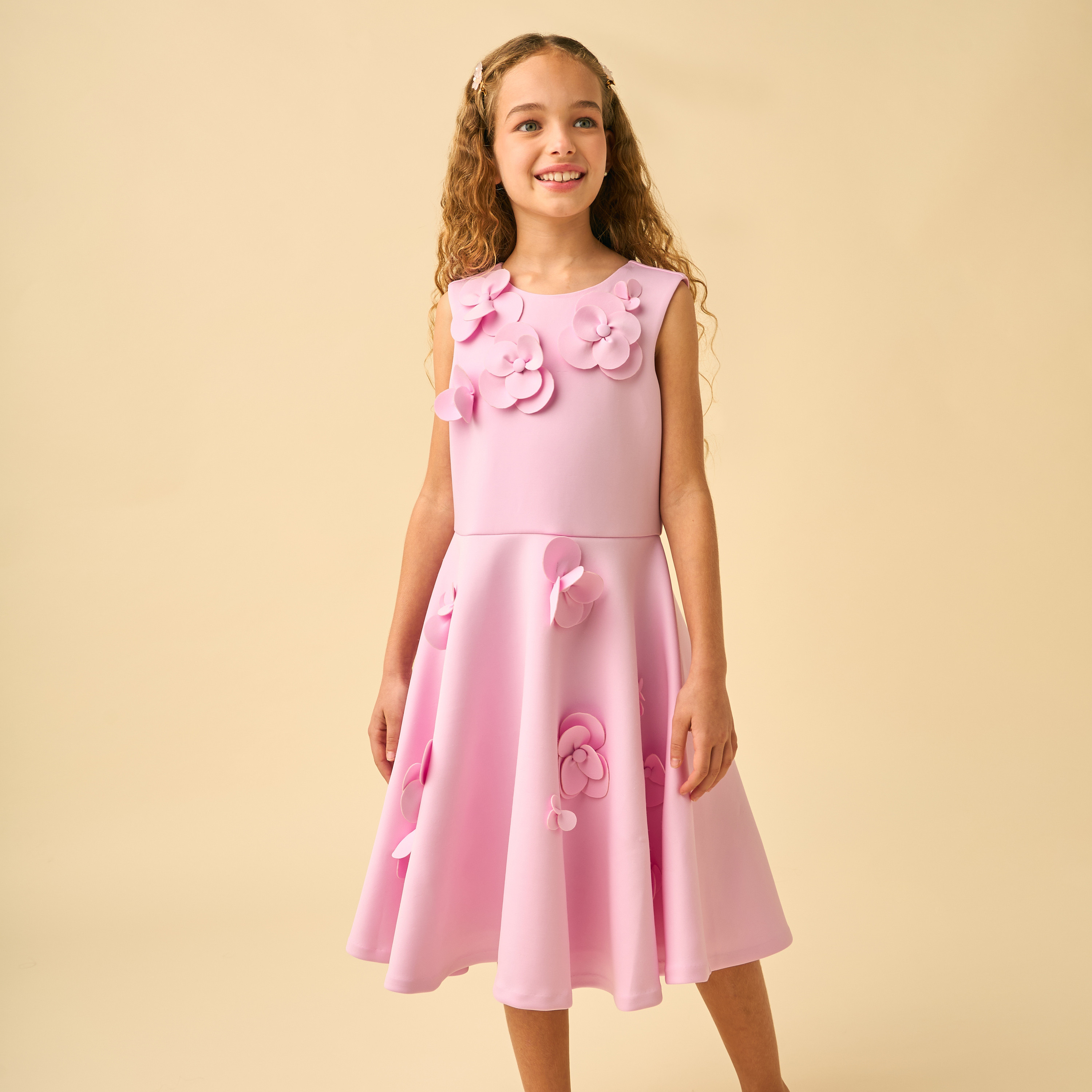 Juniors Round Neck Sleeveless Knee Length A-line Dress with 3D Floral Applique-girls-clothing-dressesandjumpsuits-image-2