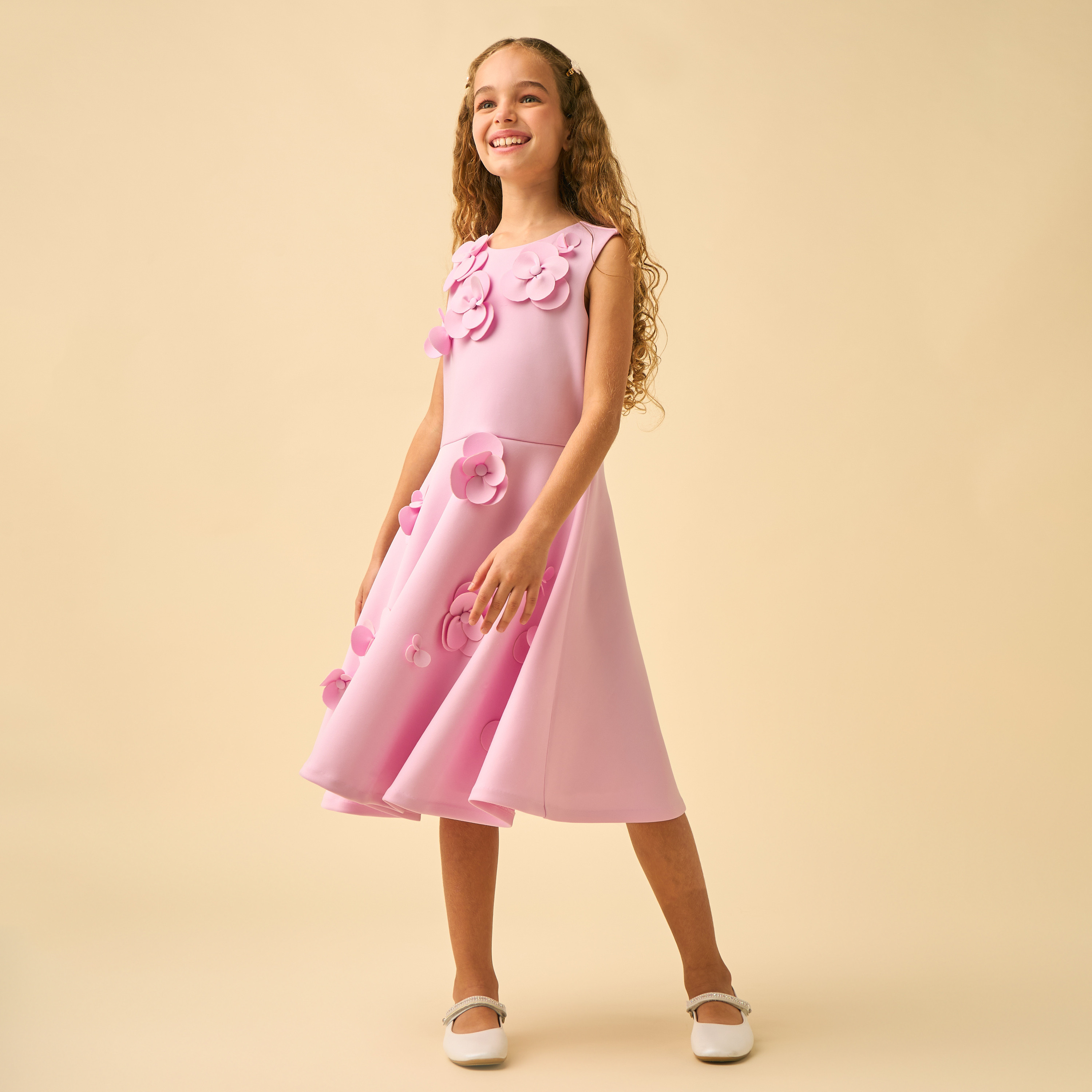 Juniors Round Neck Sleeveless Knee Length A-line Dress with 3D Floral Applique-girls-clothing-dressesandjumpsuits-image-3