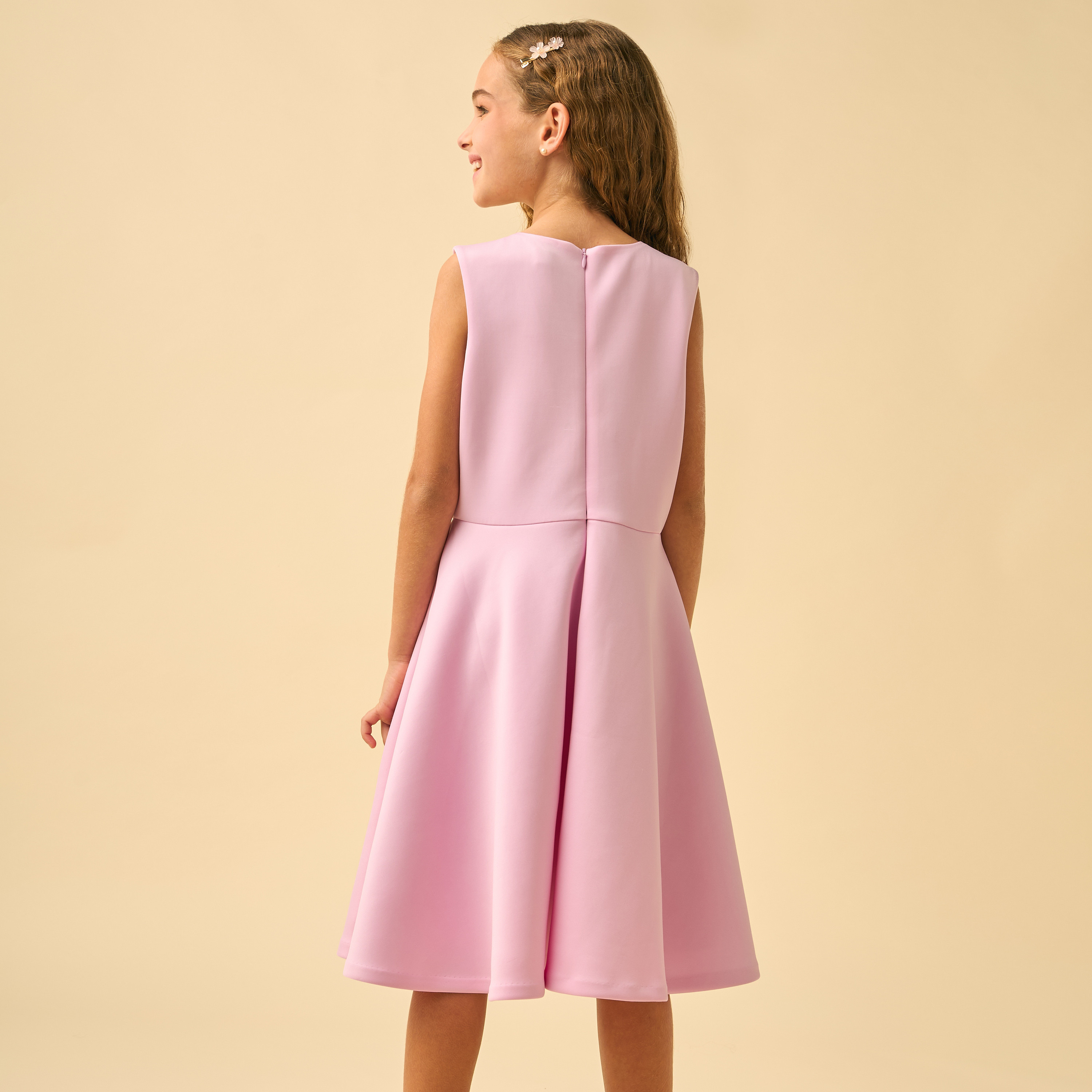 Juniors Round Neck Sleeveless Knee Length A-line Dress with 3D Floral Applique-girls-clothing-dressesandjumpsuits-image-4