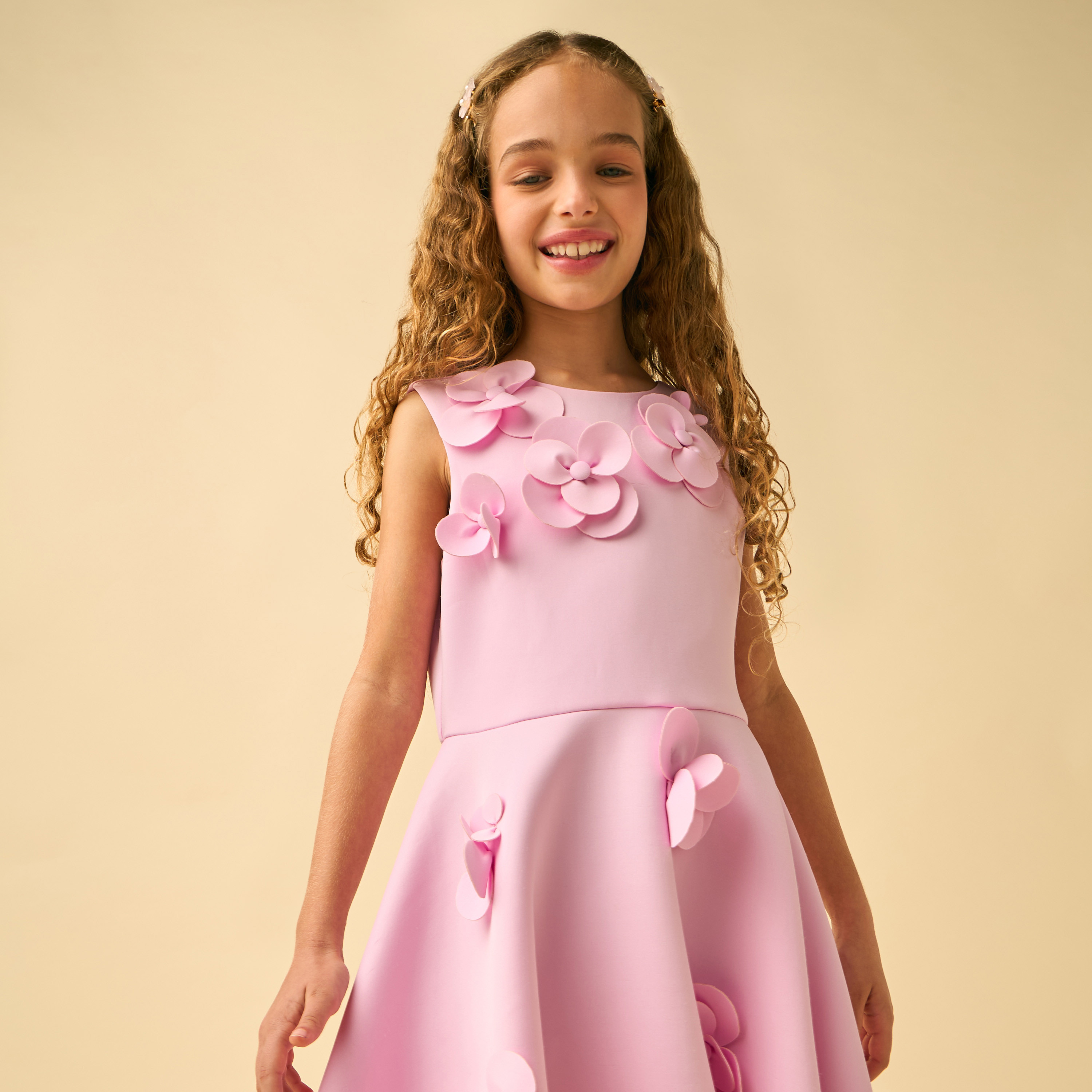 Juniors Round Neck Sleeveless Knee Length A-line Dress with 3D Floral Applique-girls-clothing-dressesandjumpsuits-image-5