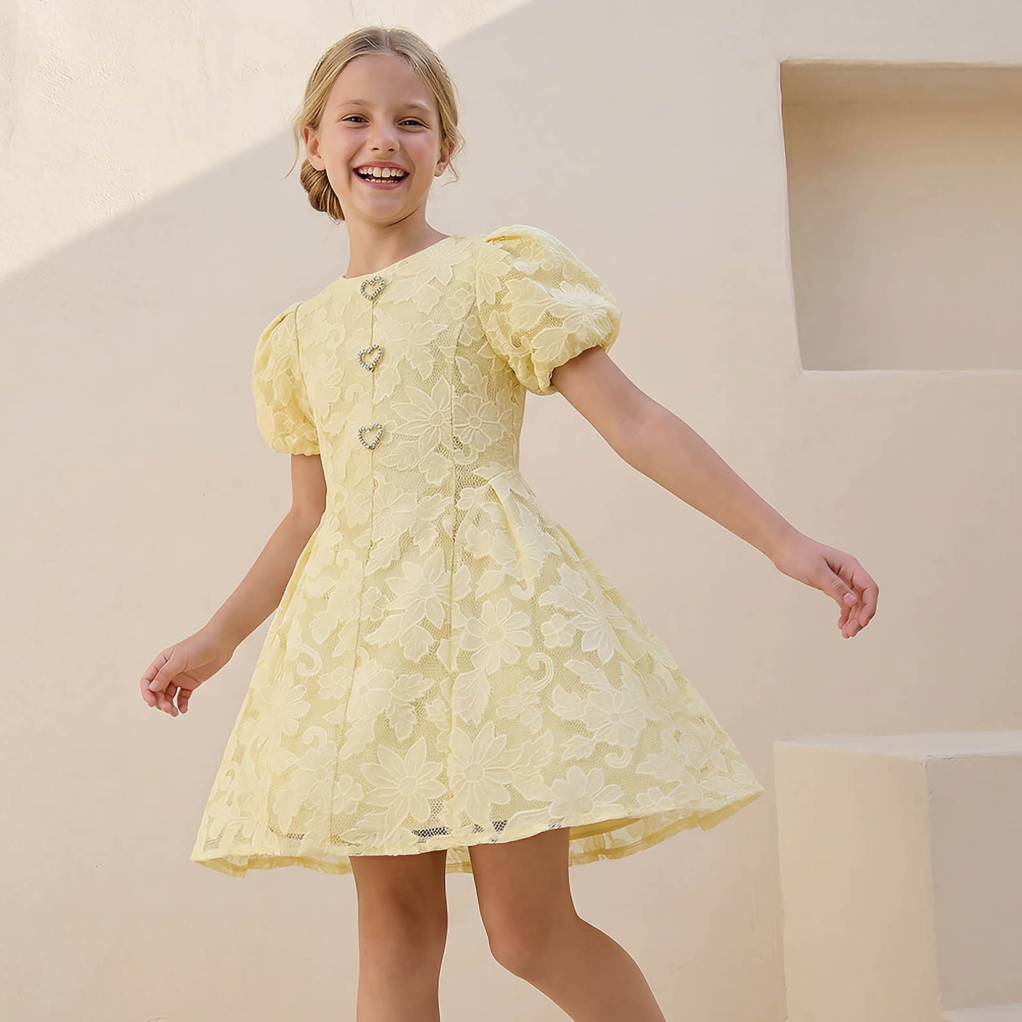 Juniors Round Neck Short Sleeves Knee Length A-line Dress with Floral Lace-girls-clothing-dressesandjumpsuits-image-1
