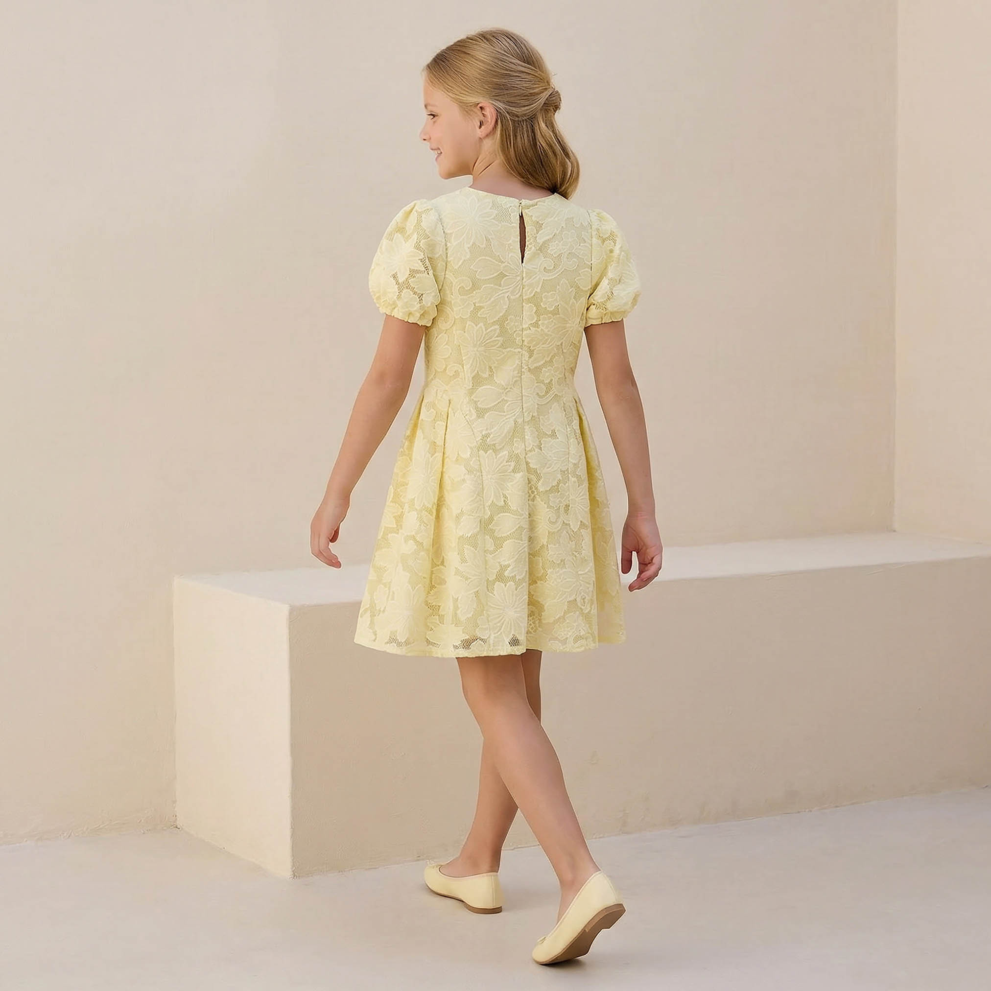 Juniors Round Neck Short Sleeves Knee Length A-line Dress with Floral Lace-girls-clothing-dressesandjumpsuits-image-2