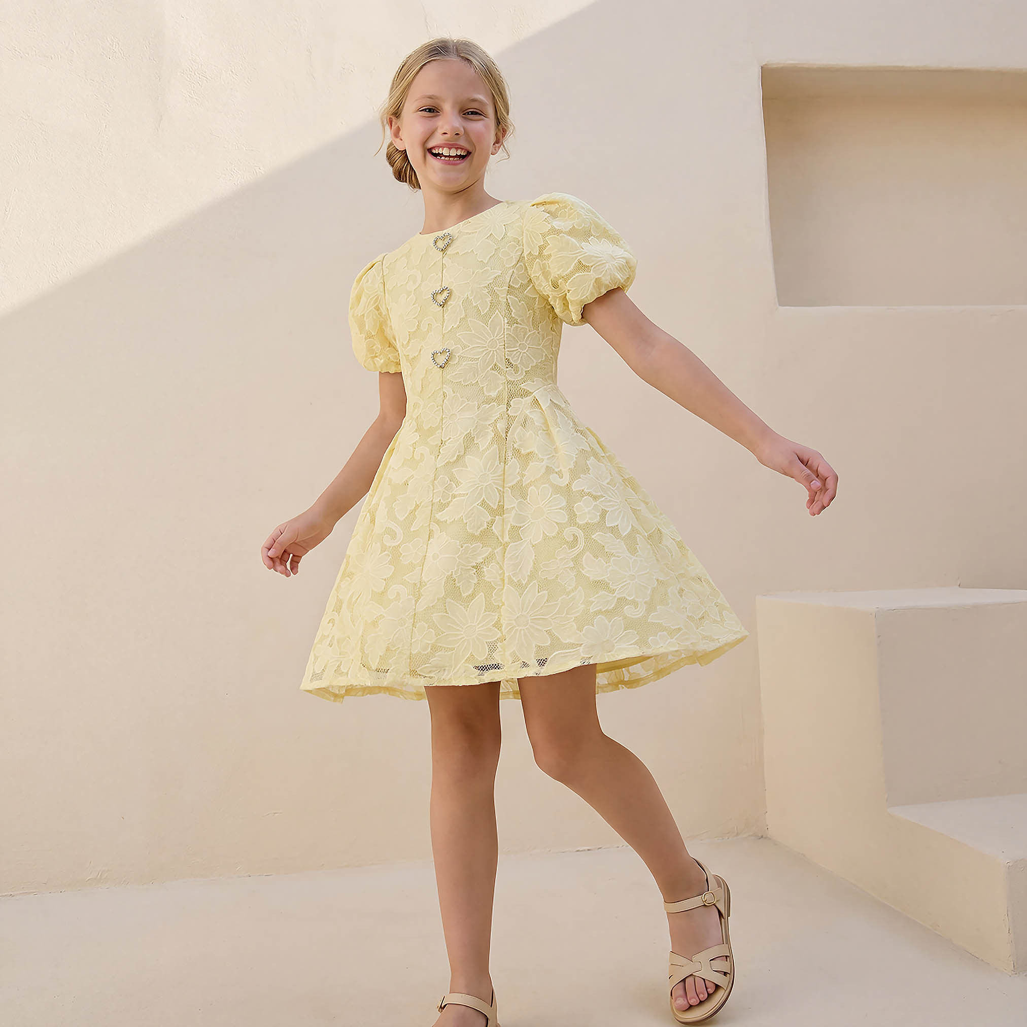 Juniors Round Neck Short Sleeves Knee Length A-line Dress with Floral Lace-girls-clothing-dressesandjumpsuits-image-3