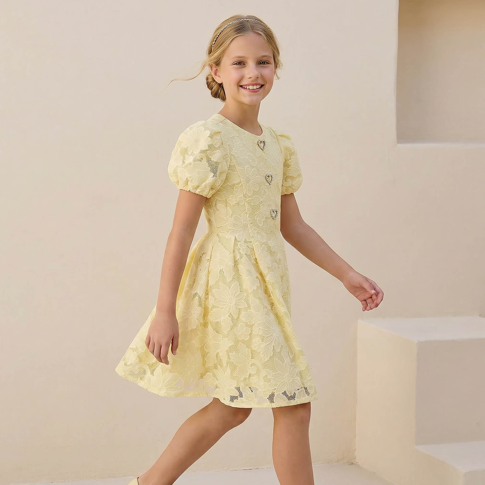 Juniors Round Neck Short Sleeves Knee Length A-line Dress with Floral Lace-girls-clothing-dressesandjumpsuits-image-4
