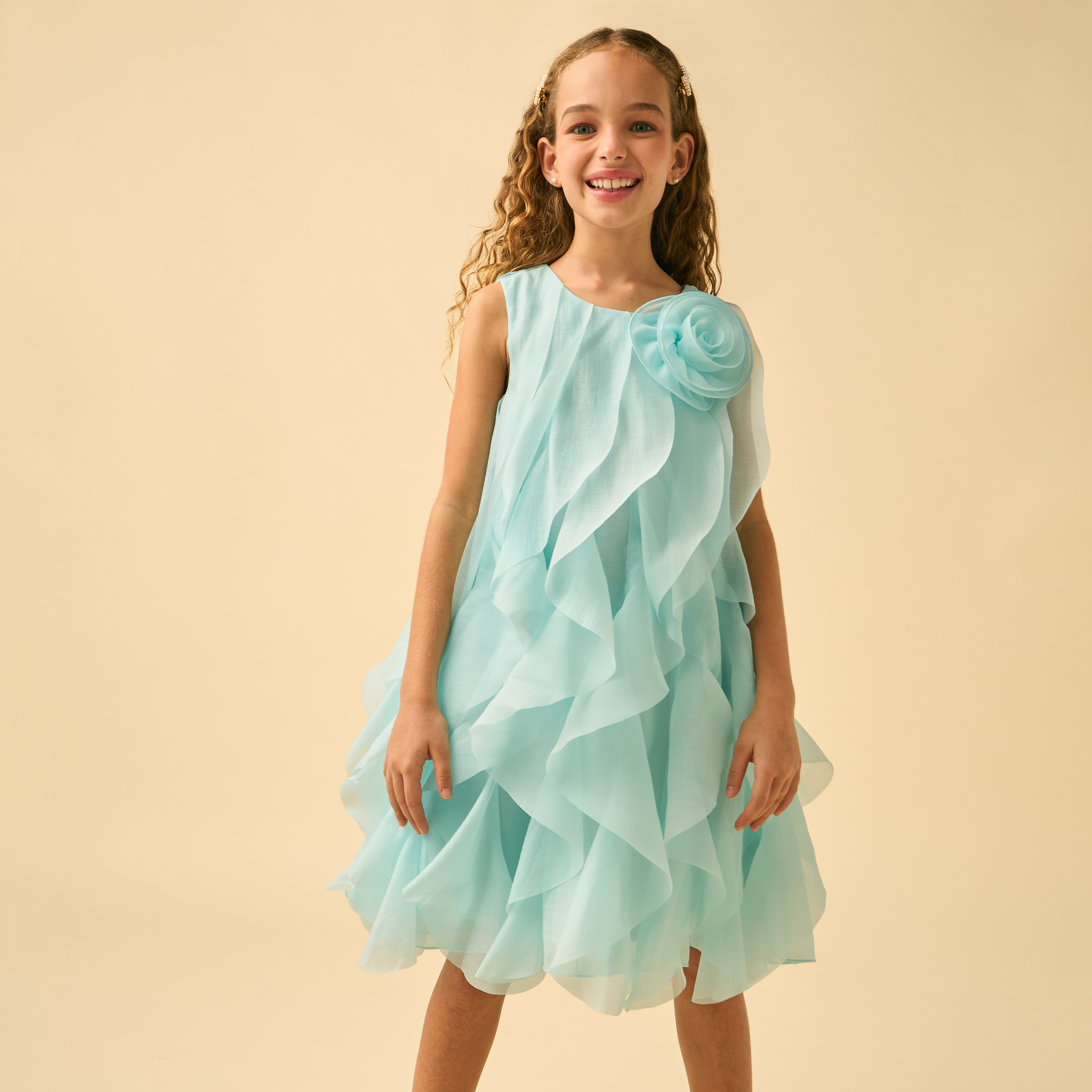 Juniors Round Neck Sleeveless Knee Length A-line Dress with Ruffle Detail-girls-clothing-dressesandjumpsuits-image-2