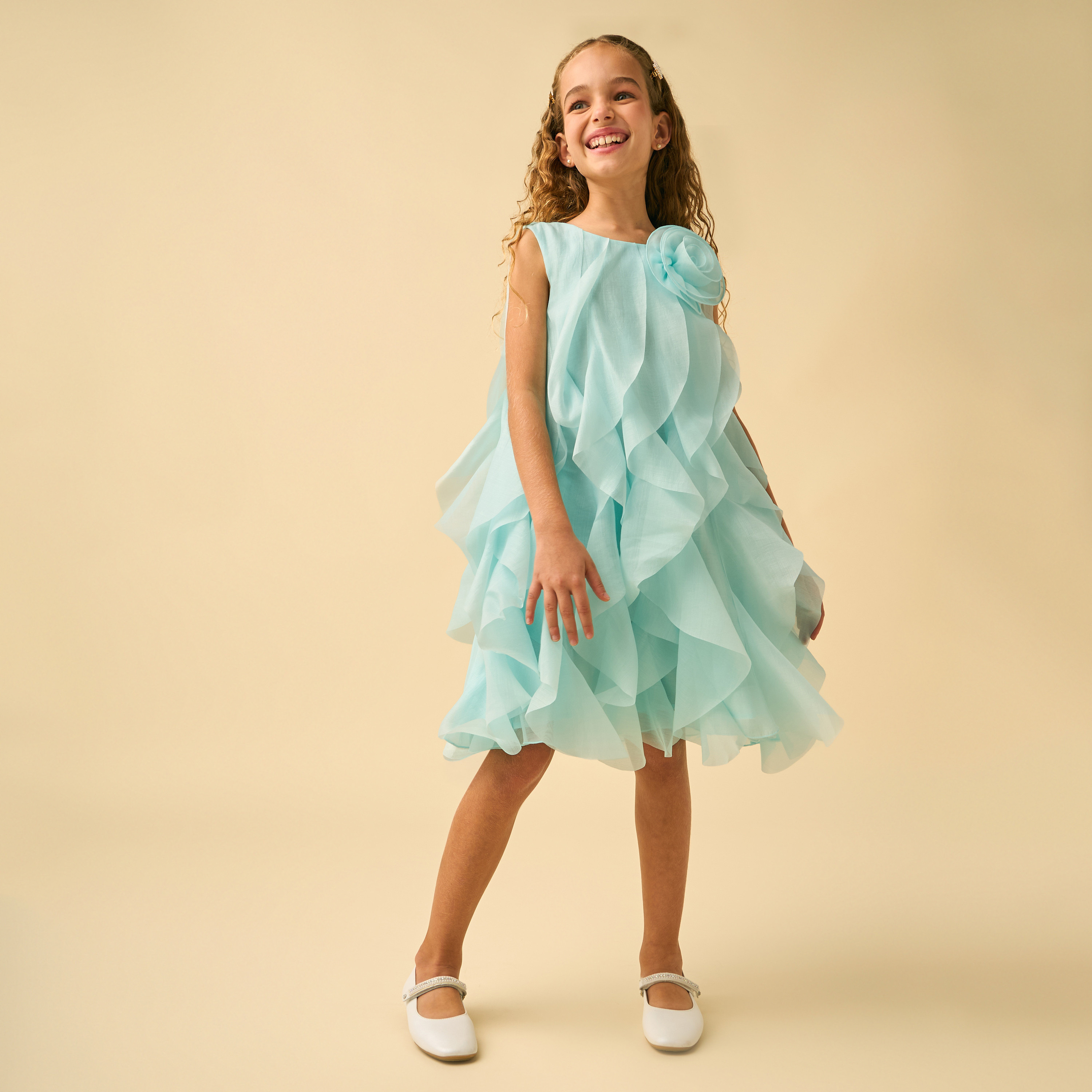 Juniors Round Neck Sleeveless Knee Length A-line Dress with Ruffle Detail-girls-clothing-dressesandjumpsuits-image-3