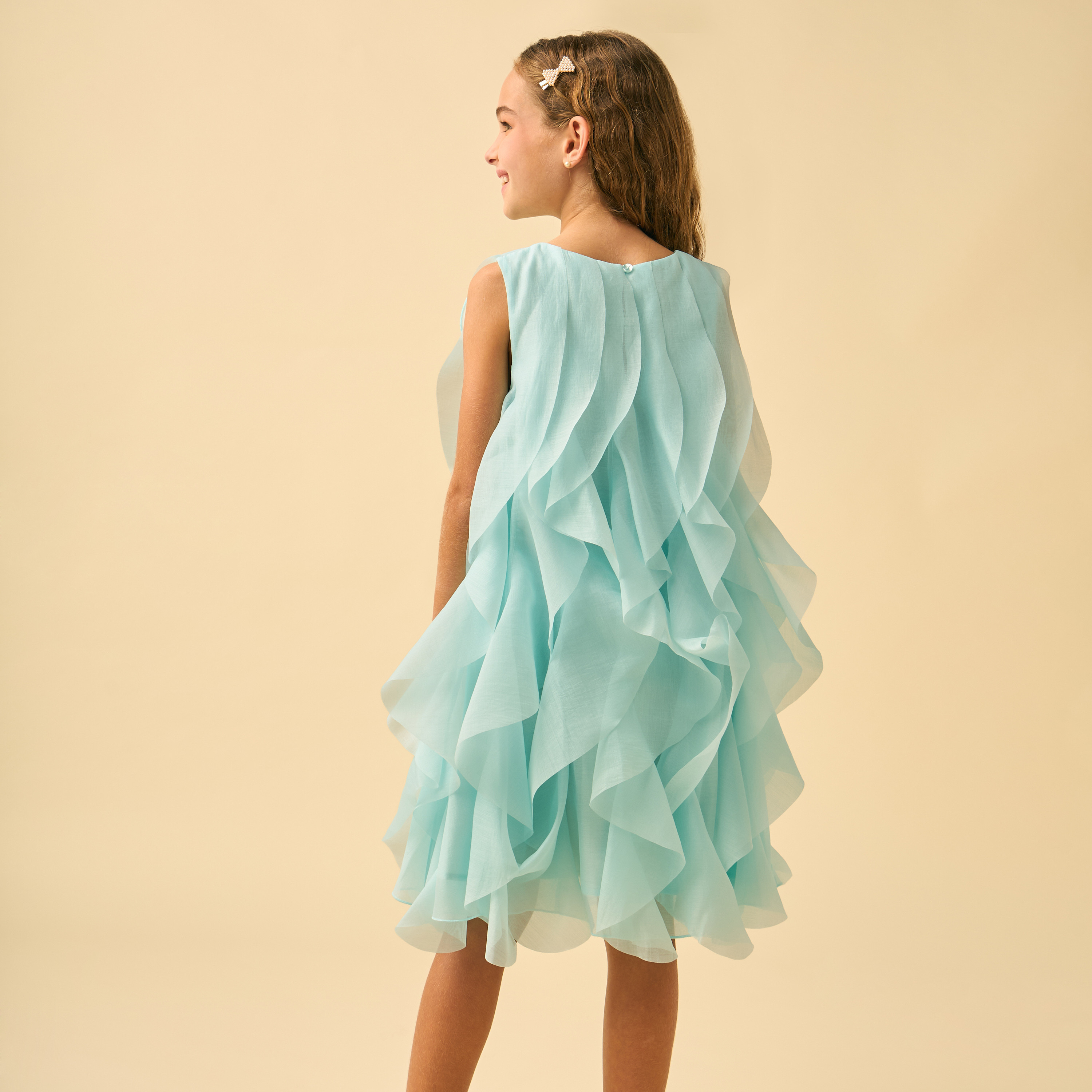 Juniors Round Neck Sleeveless Knee Length A-line Dress with Ruffle Detail-girls-clothing-dressesandjumpsuits-image-4